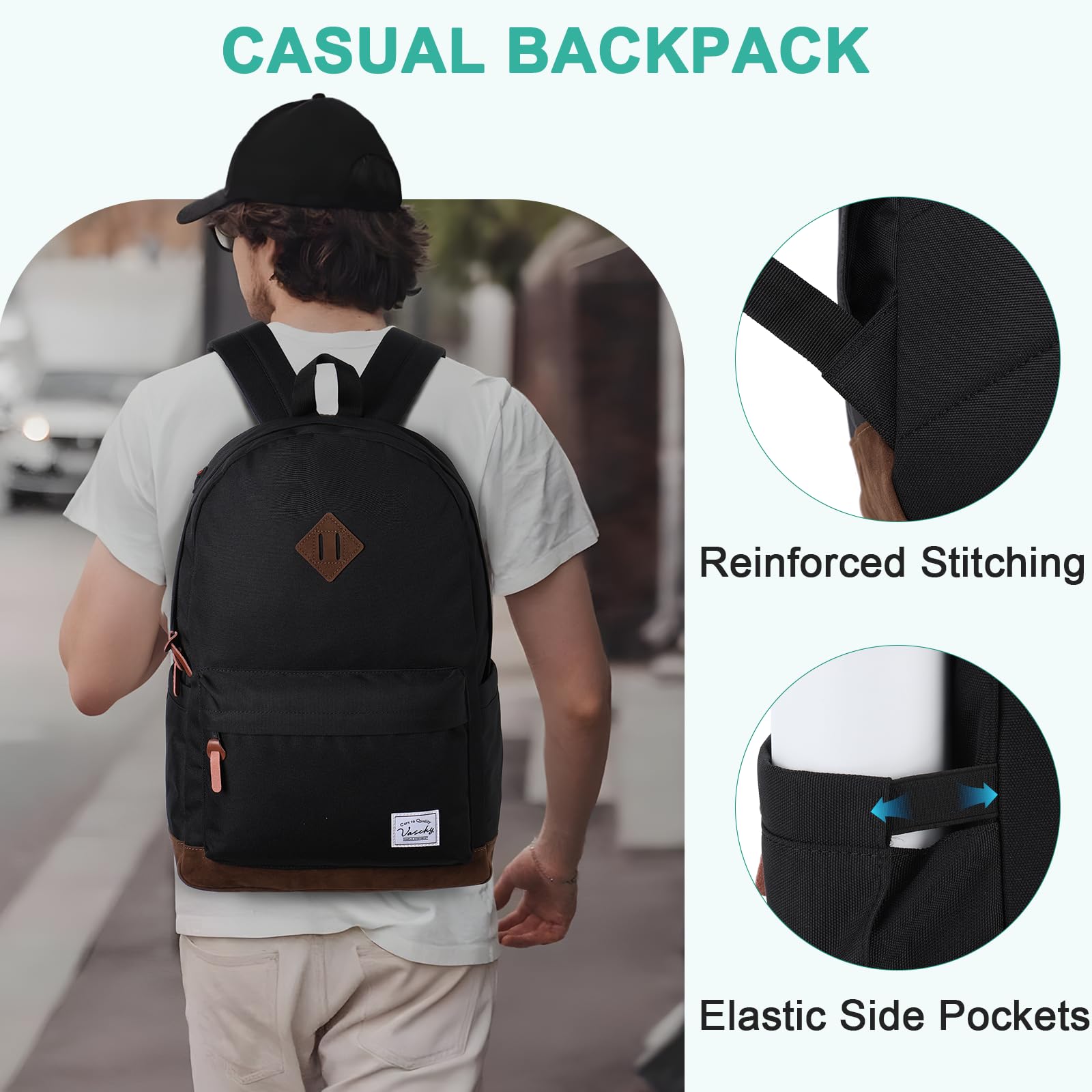 VASCHY Waterproof Lightweight Travel Backpack for Men & Women - Durable Casual Daypack for School, Work, Hiking & Outdoor Adventures