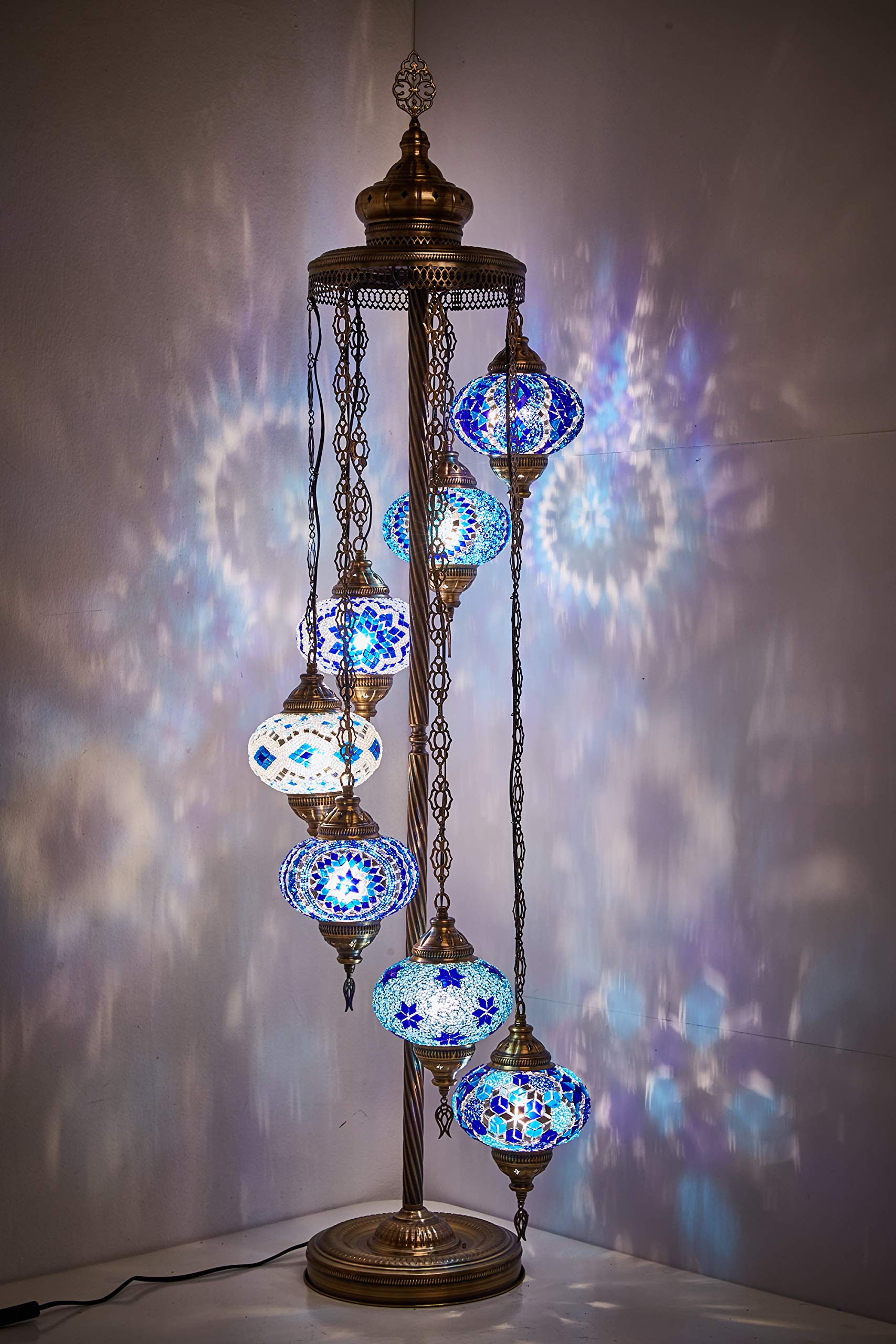 DEMMEX - 7 Large Globes Turkish Moroccan Mosaic Floor Lamp, 5-Foot Tall Tiffany-Style Bohemian Standing Lamp with 7-Inch Handcrafted Glass Globes - Boho Chic Lighting for Living Room, Bedroom, Office & Meditation Spaces