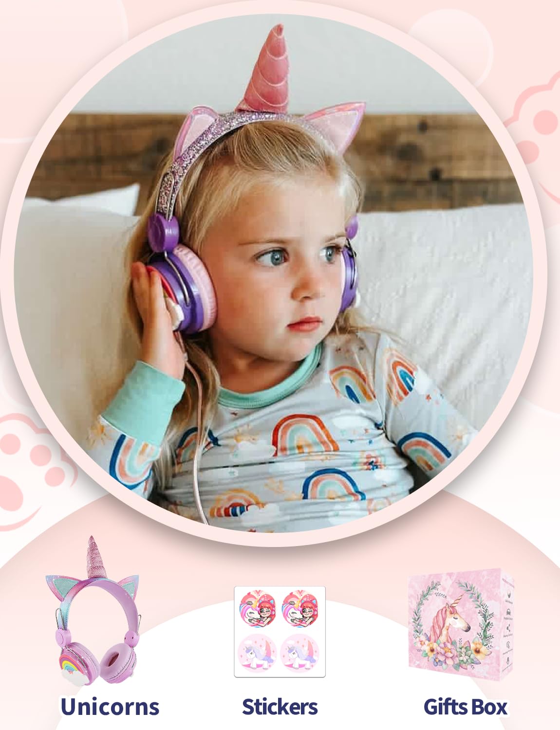 **Rainbow Unicorn Kids Headphones with Microphone - Wired Over-Ear Headset with 3.5mm Jack, HD Sound for School, Online Study, Kindle, Tablet & PC - Perfect Birthday Gift for Girls (Purple)**    *Ideal for virtual learning, gaming, music, and watching videos at home or in the classroom.*