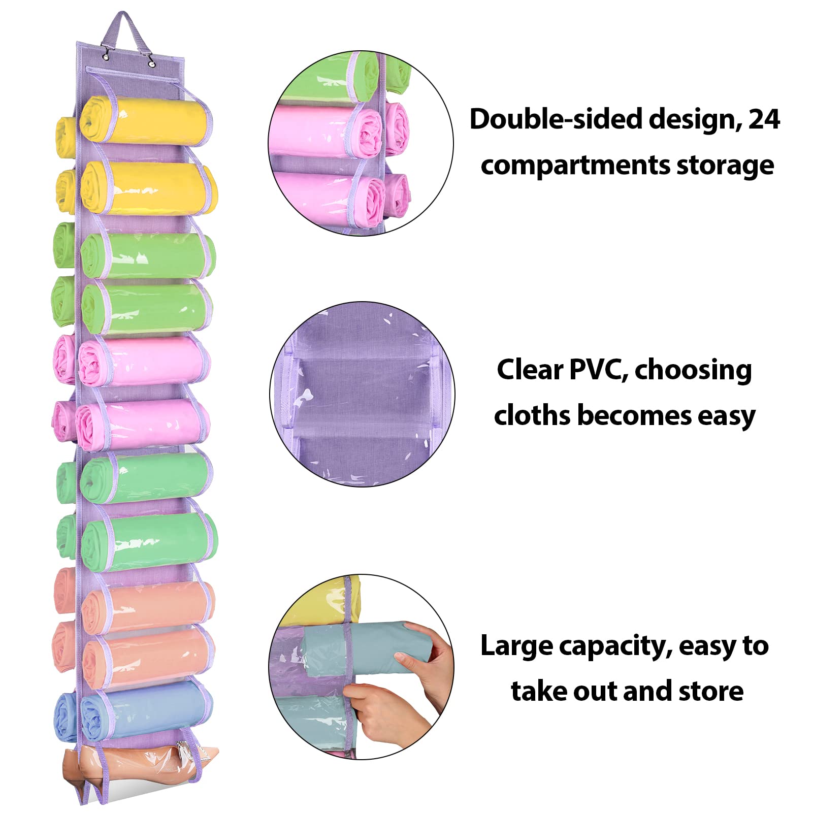 Premium Legging Organizer & Closet Storage Solution - 24 Compartment Space-Saving Clothes Roll Holder for T-Shirts, Pants & Purses (Purple) | Perfect for Bedroom, Dorm & Travel Organization