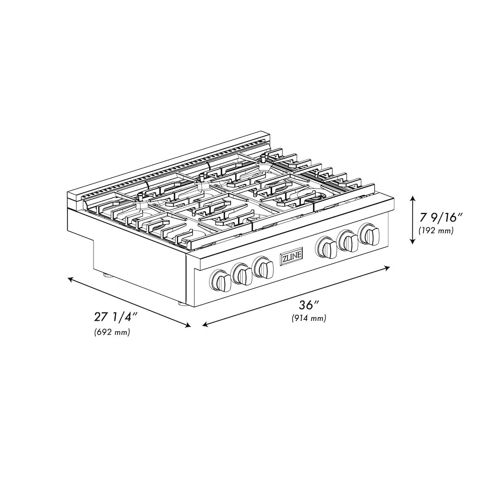ZLINE 36 Inch Paramount Gas Rangetop with 6 Brass Burners & Porcelain Cooktop in Satin Stainless Steel (SRTS BR 36) – Perfect for Professional Home Kitchens & Gourmet Cooking