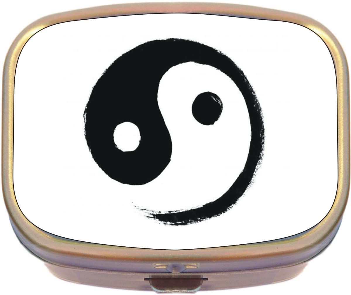 Yin Yang Brass Rectangle Pill Box - Portable Medicine Organizer for Travel, Daily Use & Essential Oil Storage - Compact Metal Container for Pills, Vitamins & Supplements