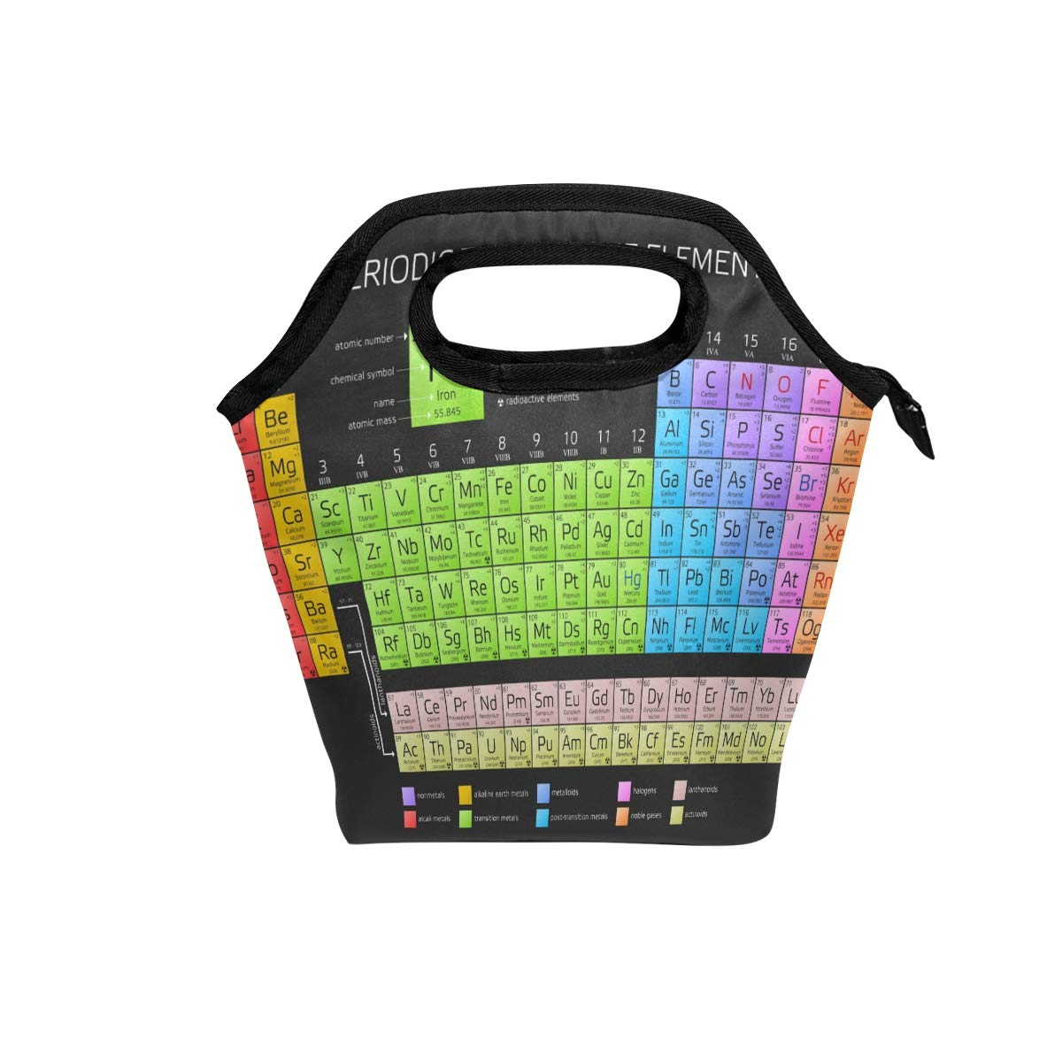 Periodic Table Insulated Lunch Bag for Adults & Kids - Zipper Cooler Tote for School, Work, Office & Picnic - Science Themed Reusable Lunch Box with Thermal Insulation