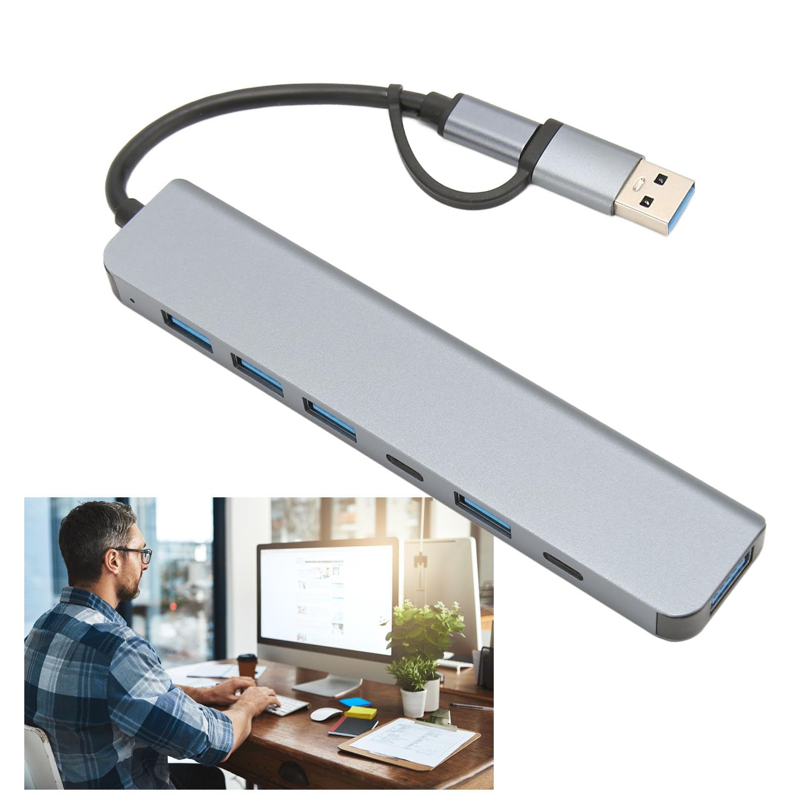 USB 3.0 Hub Space Gray - Compact, Plug & Play Adapter with High Compatibility for Windows 10, Perfect for Home Office & Gaming Setup
