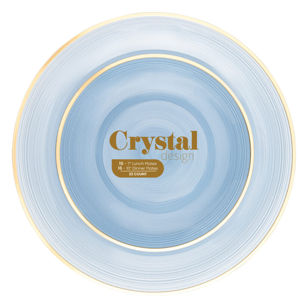 32-Piece Blue Transparent & Gold Plastic Dinnerware Set - Crystal Design for 16 Guests | Elegant Party Plates, Cups & Cutlery for Weddings, Birthdays & Formal Events