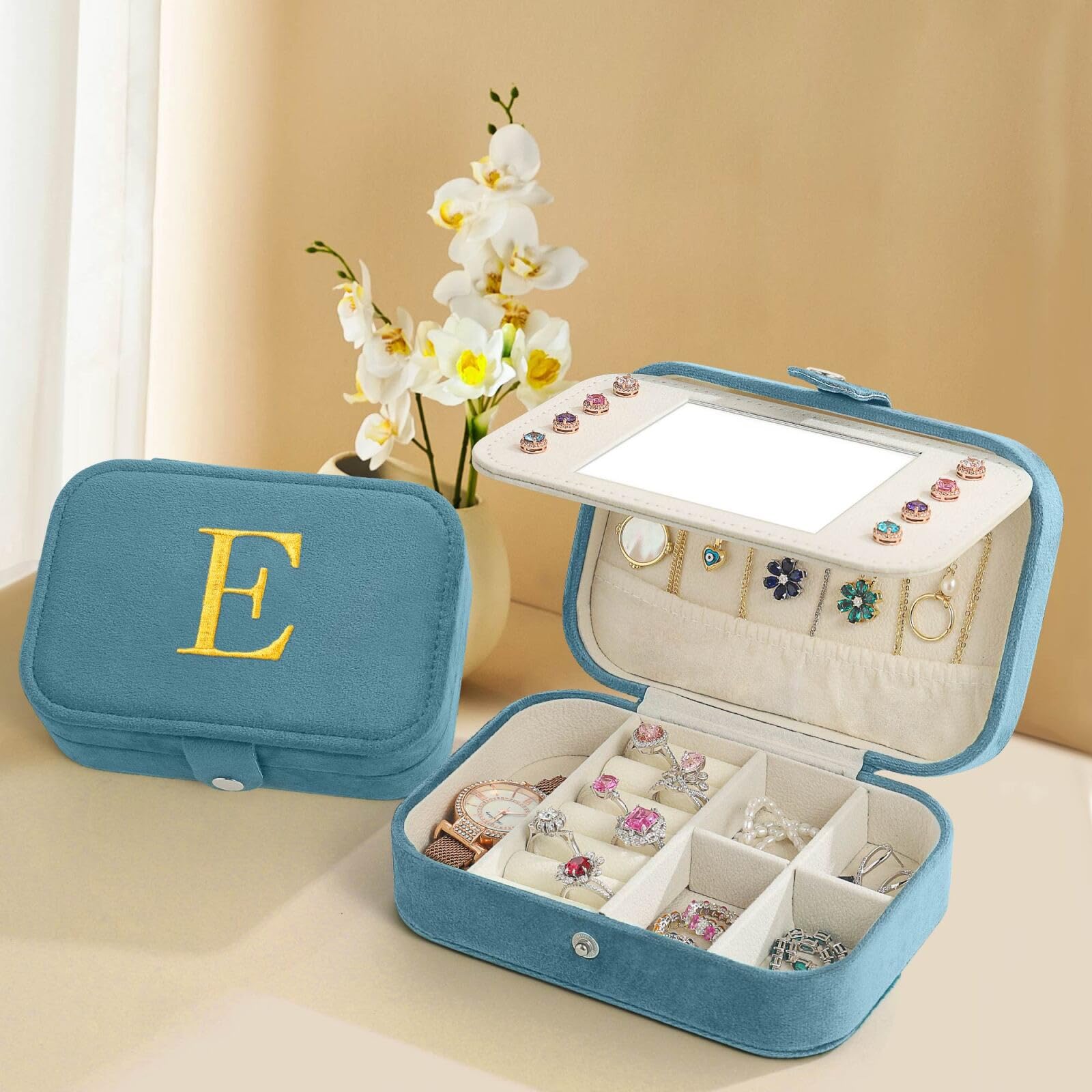 Luxury Travel Jewelry Box for Women - Plush Velvet Jewelry Organizer with Mirror | Personalized Gift for Her, Birthday Present for Teen Girls | Perfect for Travel, Home Storage & Gift Giving