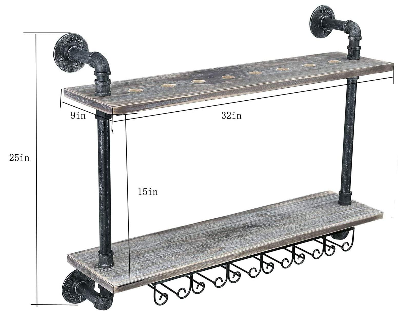 Wall-Mounted Wine Rack with 6 Long Stem Glass Holders - Rustic Industrial Pipe Stave Wine Storage Shelf for Kitchen, Bar & Dining Room Decor