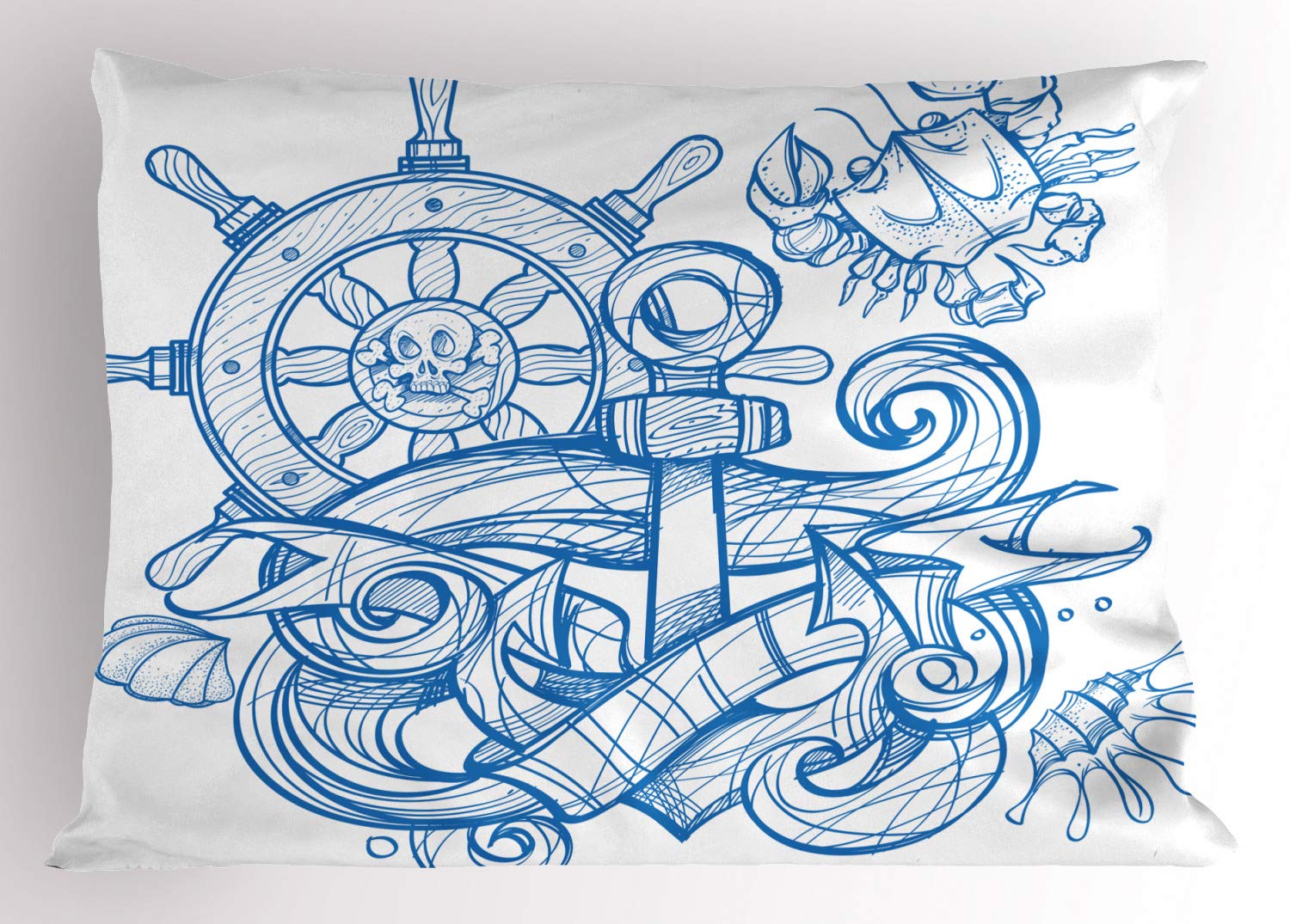 Ambesonne Vintage Nautical Tattoo Pillow Sham - Pirate Anchor & Steering Wheel Design - 26x20 Inch Standard Size Decorative Pillowcase - Azure Blue & White Ocean Wave Print - Perfect for Beach House Decor & Coastal Bedroom Theme