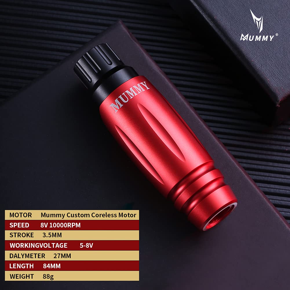 Professional Mummy Tattoo Machine Pen Kit with Power Supply & Battery - 10pcs Tattoo Cartridge Needles (Red) - Perfect for Tattoo Artists & Beginners, Home & Studio Use