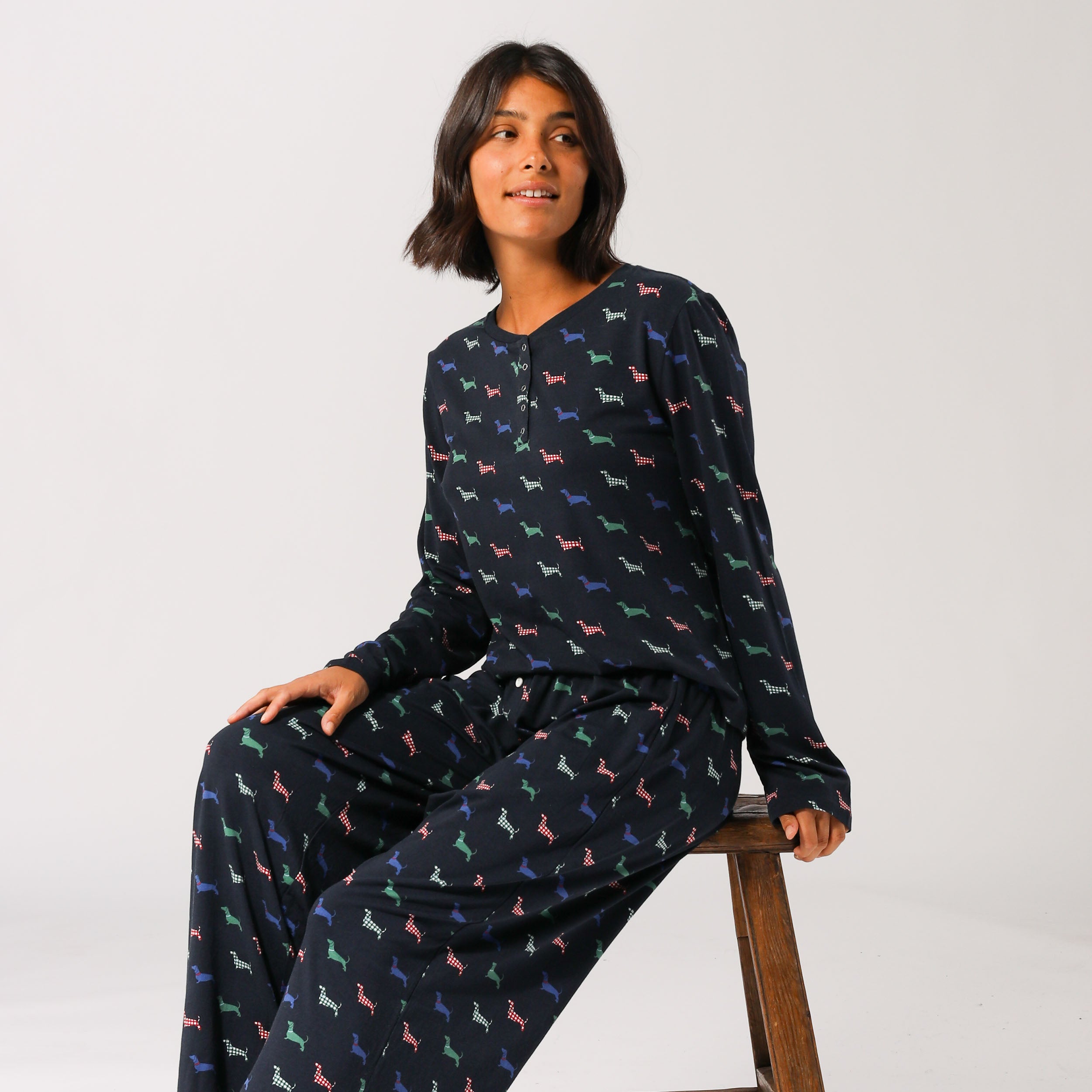 Eco-Friendly Women's Bamboo Long Sleeve T-Shirt - Soft & Breathable Doggy Check Print in Navy Blue | Perfect for Casual Wear, Yoga & Outdoor Activities