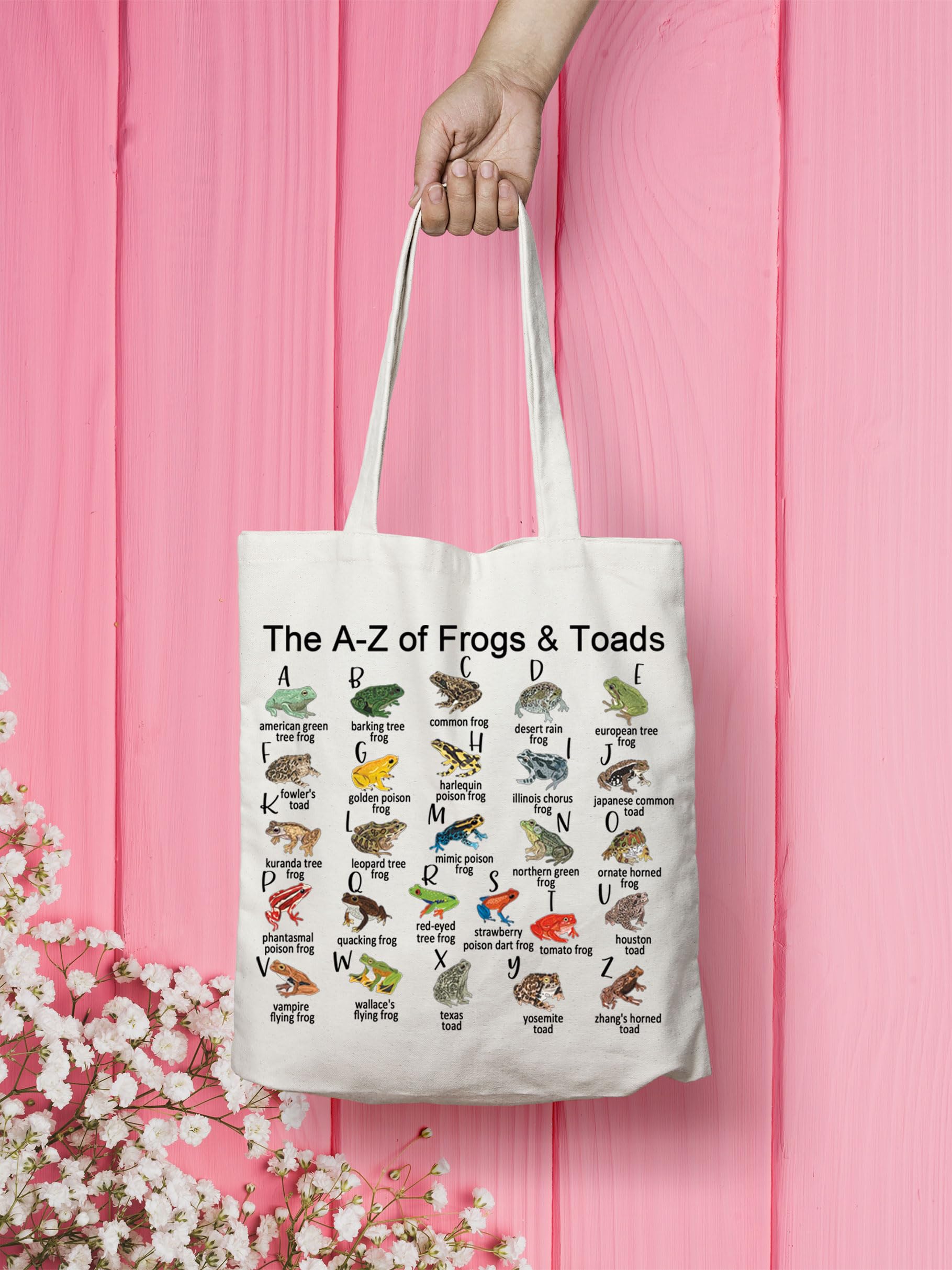 VAMSII Frog and Toad Tote Bag - The A-Z of Frogs & Toads Print Grocery Shopping Bag - Cute Aesthetic Reusable Bag for Women & Girls - Perfect for School, Work, Beach, and Eco-Friendly Shopping