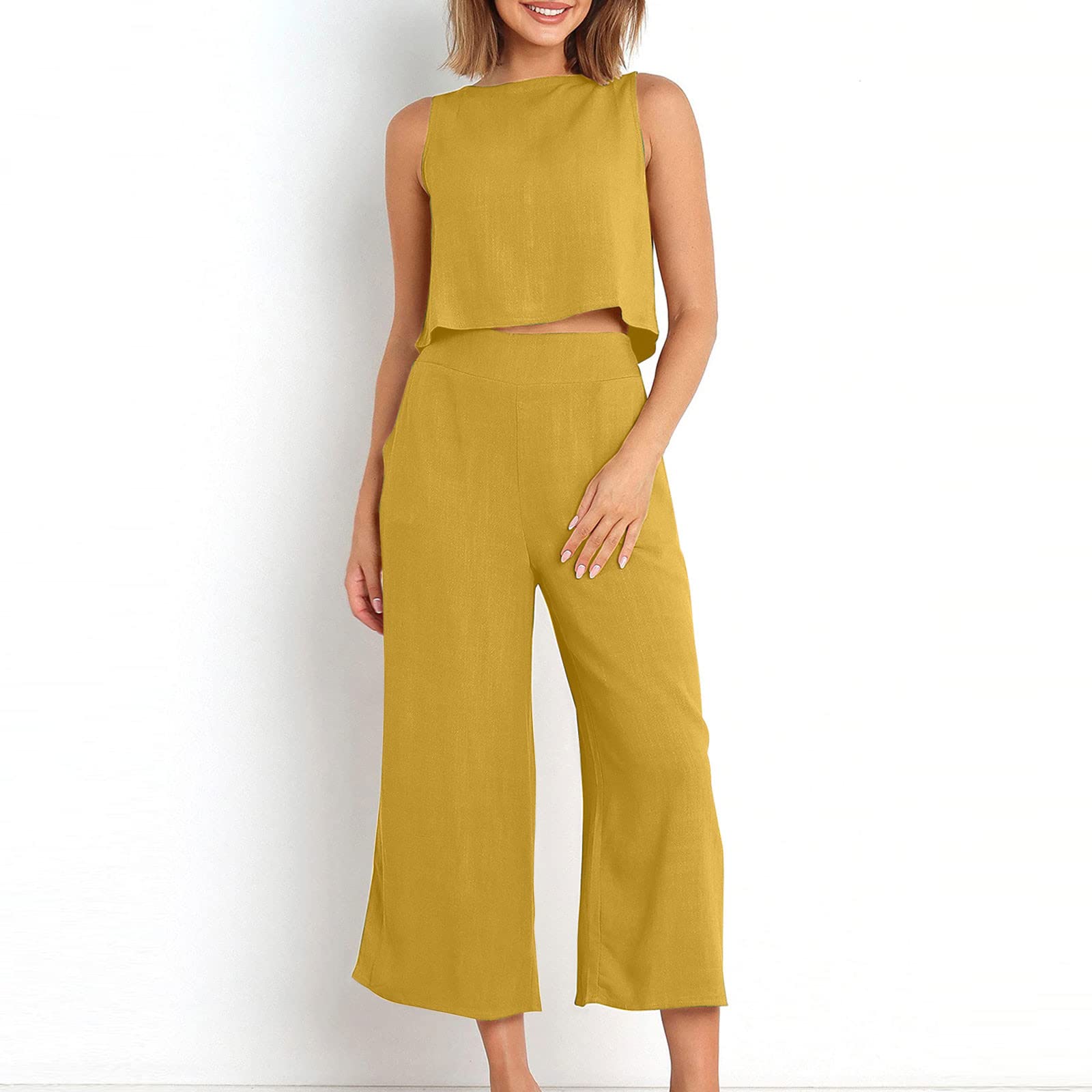 Stylish 2-Piece Linen Outfit Set for Women - Sleeveless Crop Top & Wide Leg Pants | Summer Matching Sets | Beachwear, Vacation Outfits, Casual Chic Ensemble