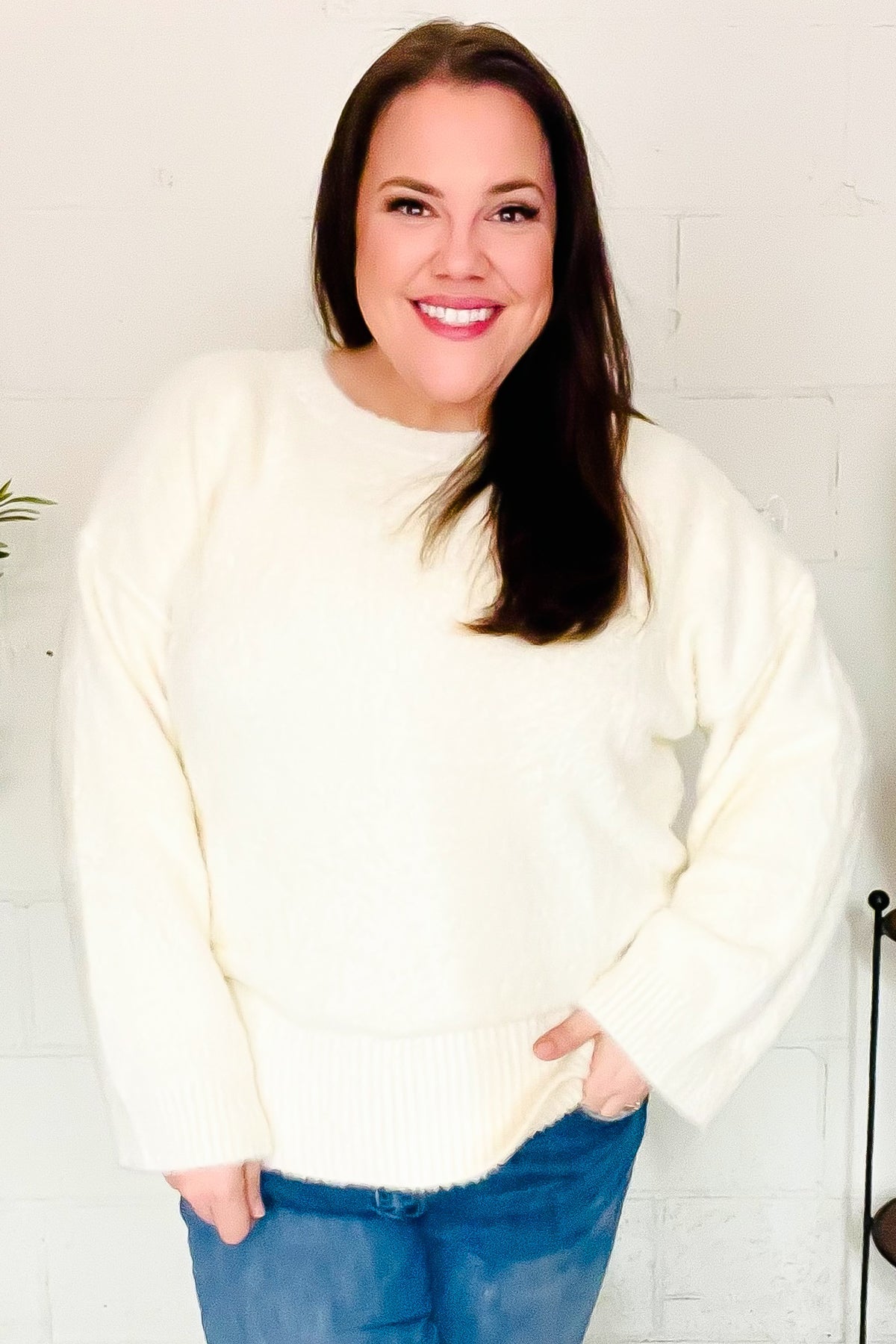 Classic Elegance Ivory Fuzzy Soft Knit Sweater for Women - Cozy Winter Pullover with Long Sleeves - Perfect for Casual Outfits, Office Wear & Holiday Gatherings