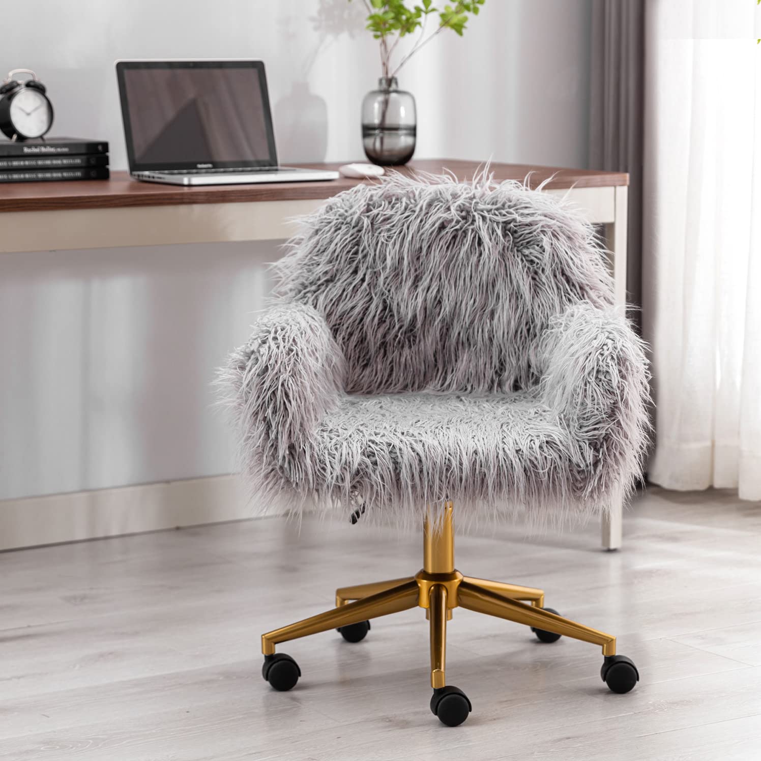 Fluffy Faux Fur Swivel Desk Chair - Adjustable Height Vanity Chair with Golden Base for Home Office, Gaming & Makeup Room - Soft Accent Chair for Small Spaces