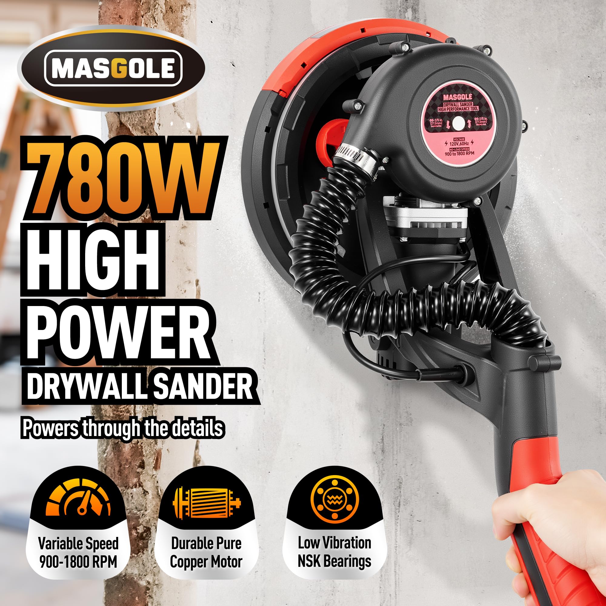 780W Electric Drywall Sander with Vacuum Dust Collector - 6 Variable Speed (900-1800 RPM), Extendable Handle & LED Light - Includes 6 Sanding Discs - Perfect for Home Renovation, Wall Smoothing and Professional Drywall Finishing