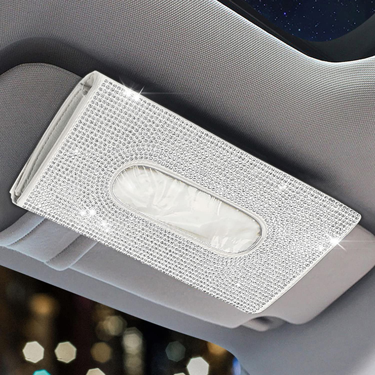 Sparkling Car Sun Visor Tissue Box Holder - Bling Bling Car Accessory for Women (Beige-White) | Car Visor & Backseat Tissue Dispenser | Perfect for Road Trips, Commuting & Everyday Use
