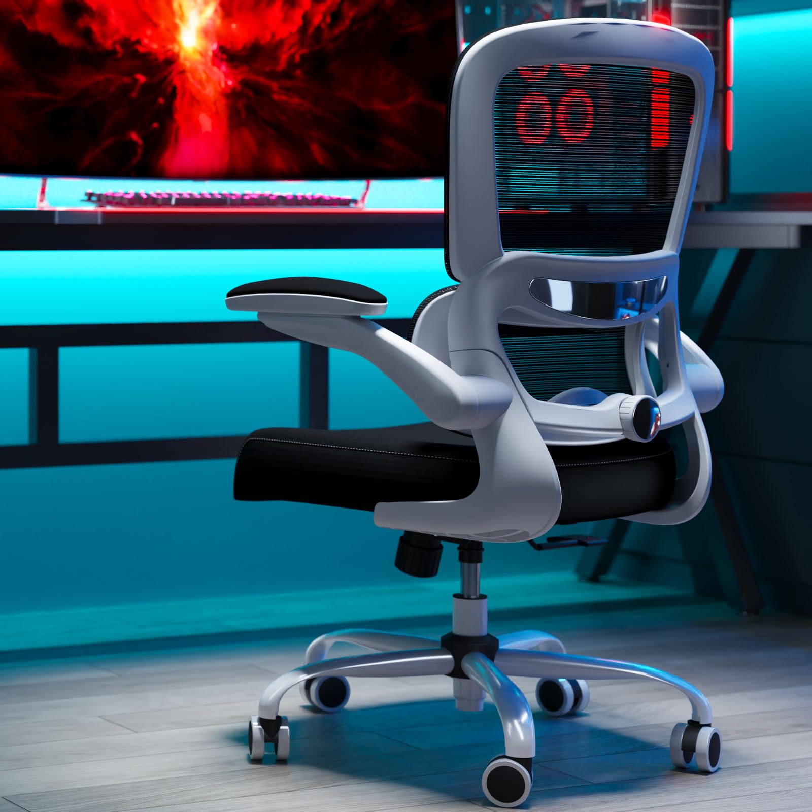 Ergonomic Mesh Office Chair with Wheels - Adjustable Height Swivel Task Chair for Home & Office Workspace (Black/White) - Perfect for Long Hours Sitting, Computer Work & Video Conferencing