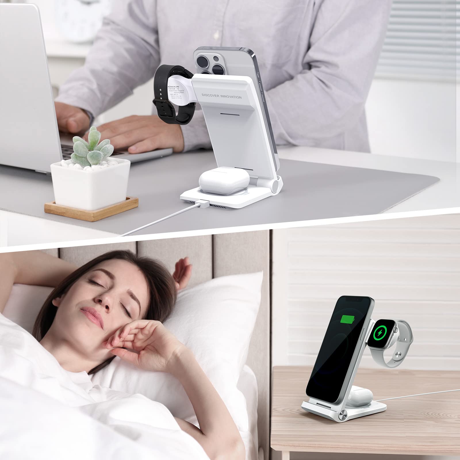 Nillkin 3-in-1 Magnetic Wireless Charging Station for iPhone 16/15/14/13/12 Pro Max, AirPods 2/3/Pro, Apple Watch Ultra/SE/8/7/6/5 - 18W Fast Foldable Charger Stand | Perfect for Bedside, Office & Travel