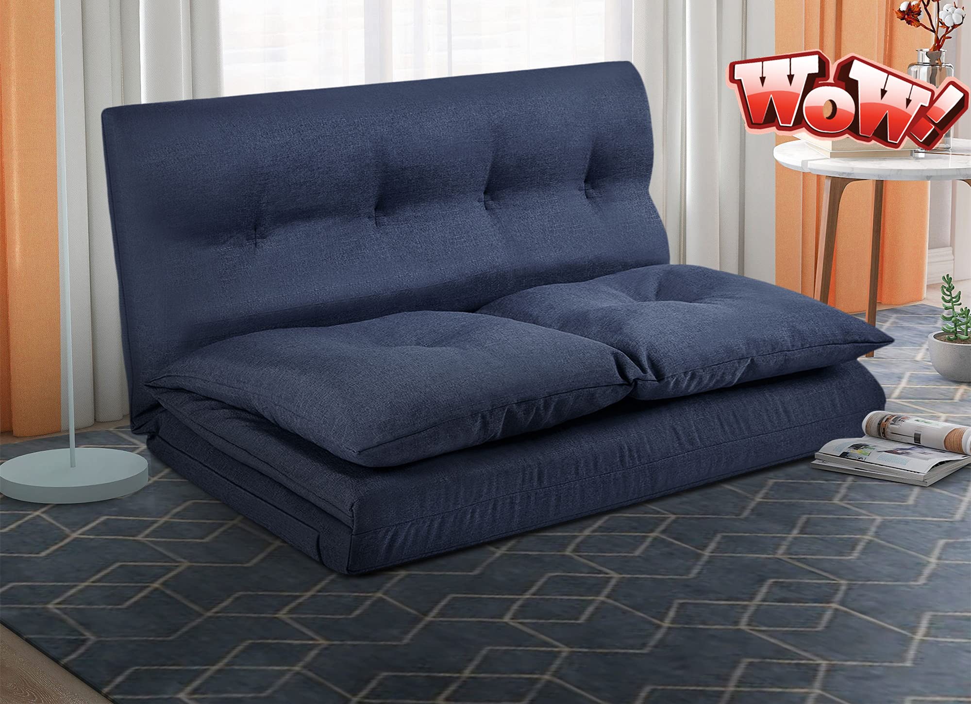 TOEIGEYNR Adjustable Double Chaise Lounge Sofa Bed - 5-Level Reclining Folding Couch for Living Room, Bedroom, Dorm & Balcony - Navy Blue Upholstered Floor Gaming/Lazy Sofa - Perfect for Relaxing, Gaming & Small Space Living