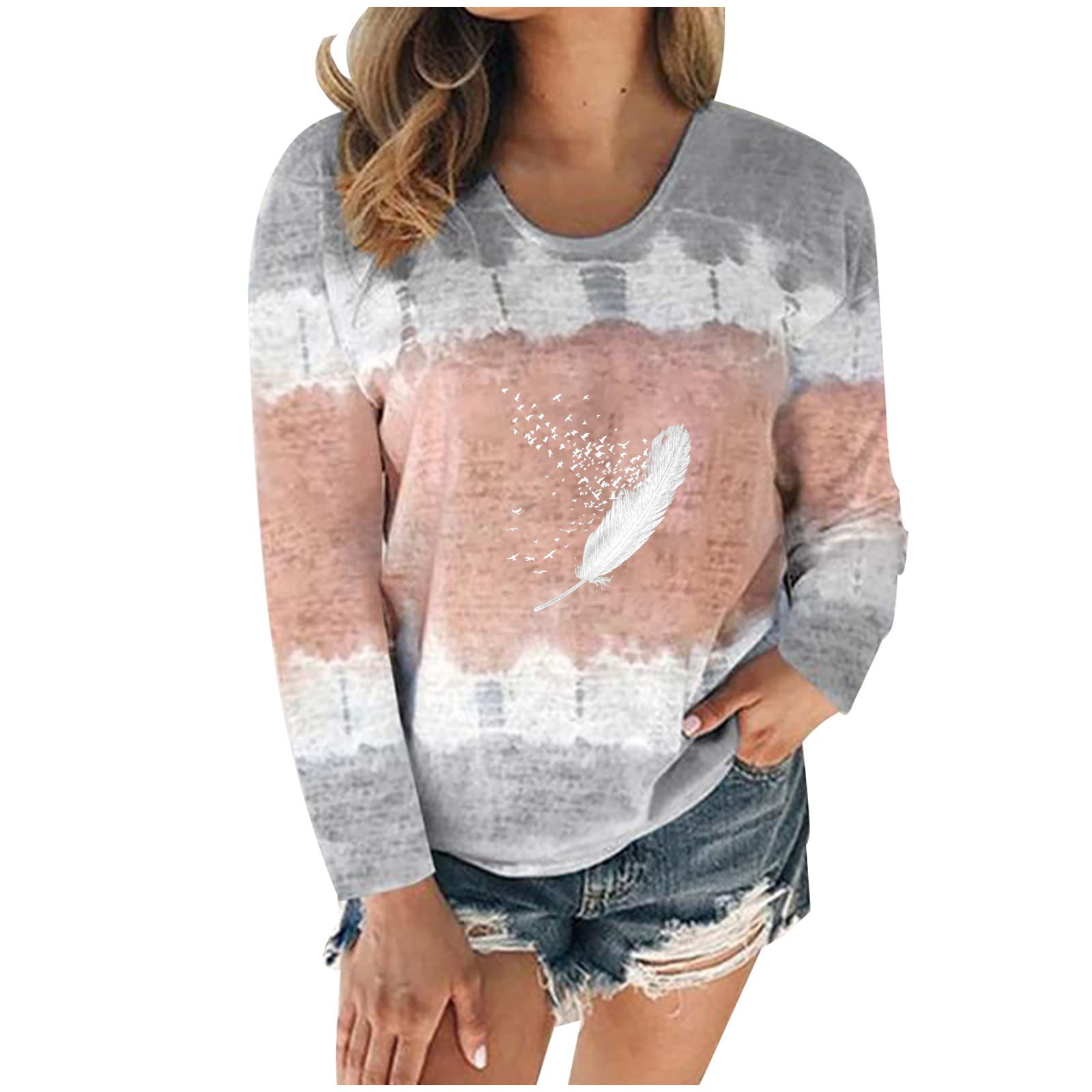 Women's Long Sleeve Color Patchwork Crewneck T-Shirt - Floral Graphic Printed Casual Loose Fit Blouse for Everyday Wear, Work & Outings