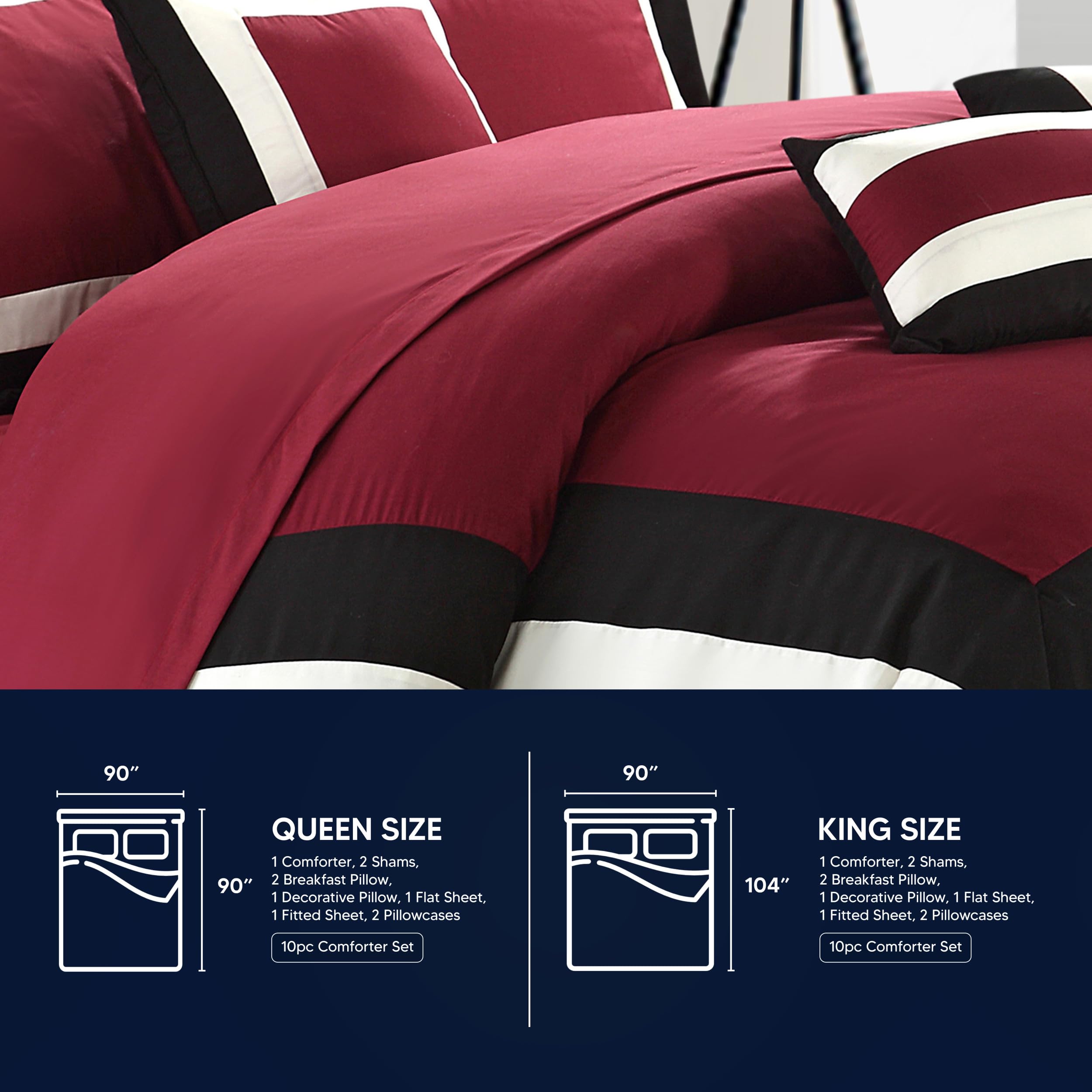 Chic King Comforter Set 10-Piece - Colorblocked Bedding with Shams & Pillows (Red) for Luxurious Bedroom