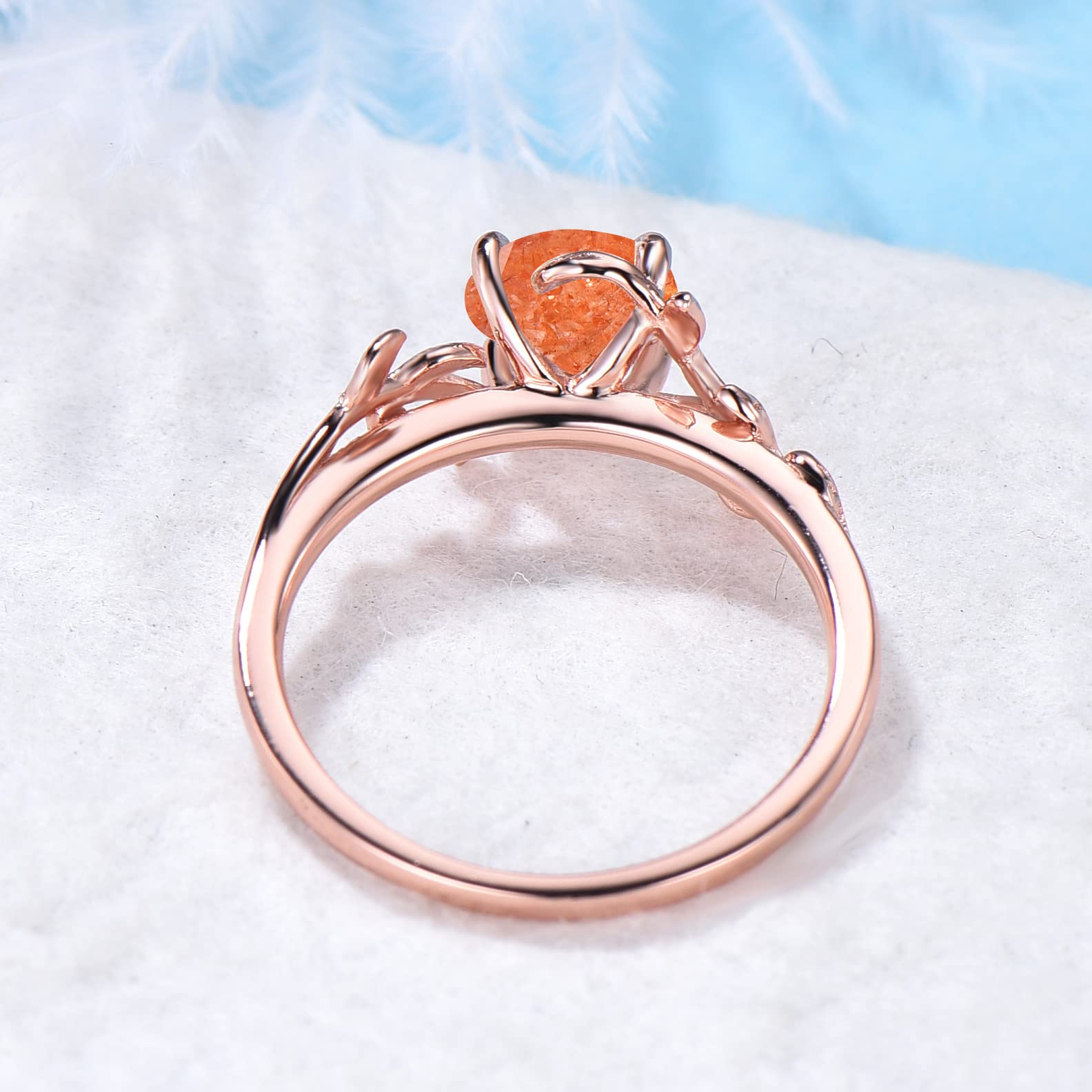 Sterling Silver Round Cut Sunstone Ring with Rose Gold Leaf - Orange Gemstone Engagement Ring for Women, Unique Handmade Birthday Jewelry Gift for Her, Size 4-10 with Gift Box | Perfect for Weddings, Anniversaries & Special Occasions