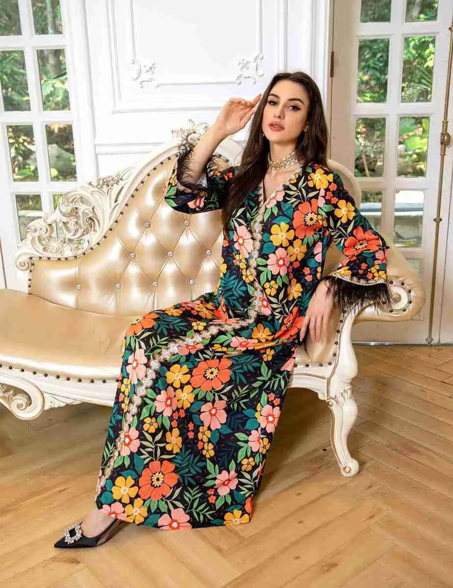 Elegant Hotfix Rhinestone Feather Sleeve Kaftan Dress for Women - Perfect for Eid, Parties, Weddings & Special Occasions