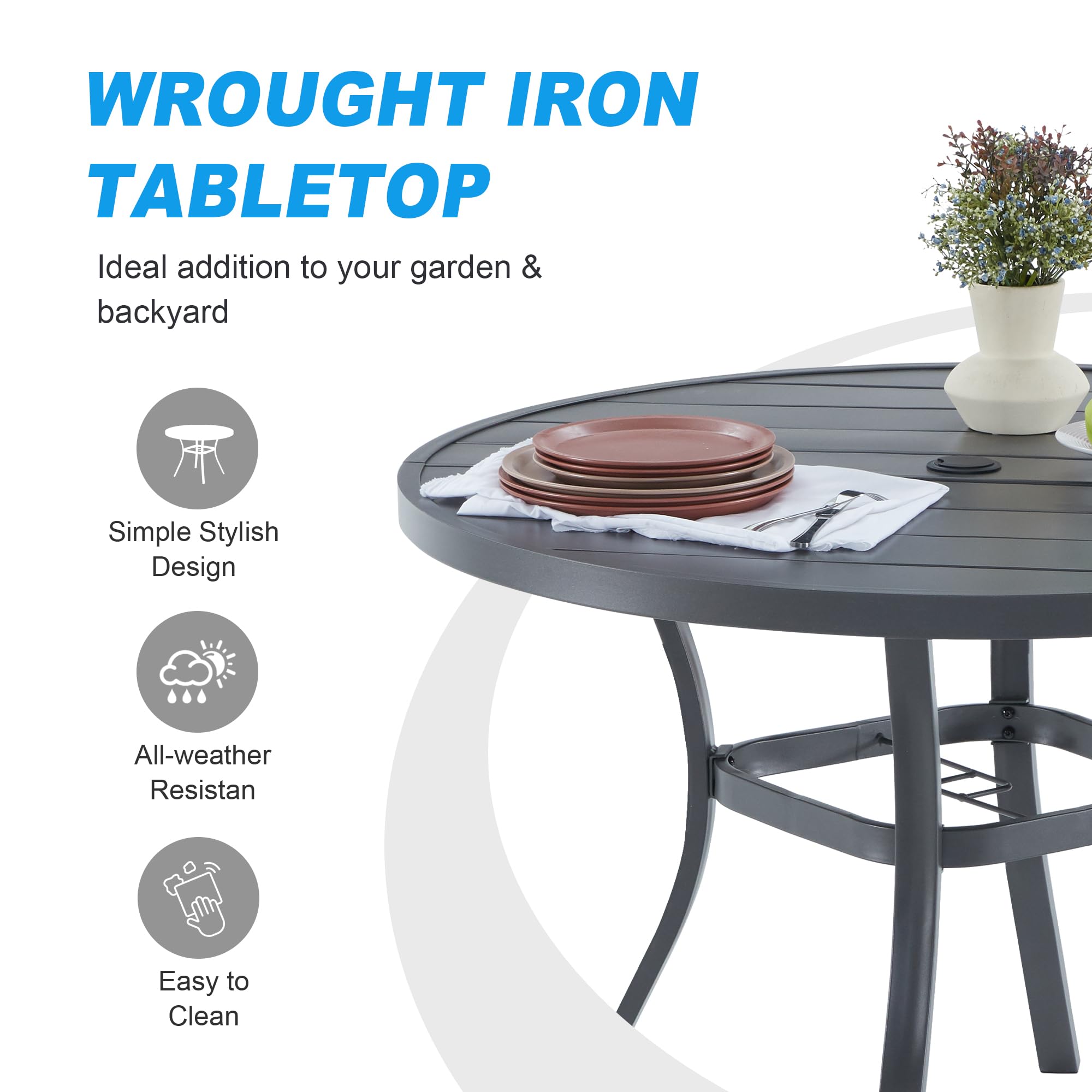 VICLLAX 41.7 Inch Round Outdoor Dining Table for 4 People - Weather-Resistant Metal Patio Table with 1.57 Inch Umbrella Hole - Perfect for Garden, Backyard, Porch, and Poolside Entertaining (Dark Grey)