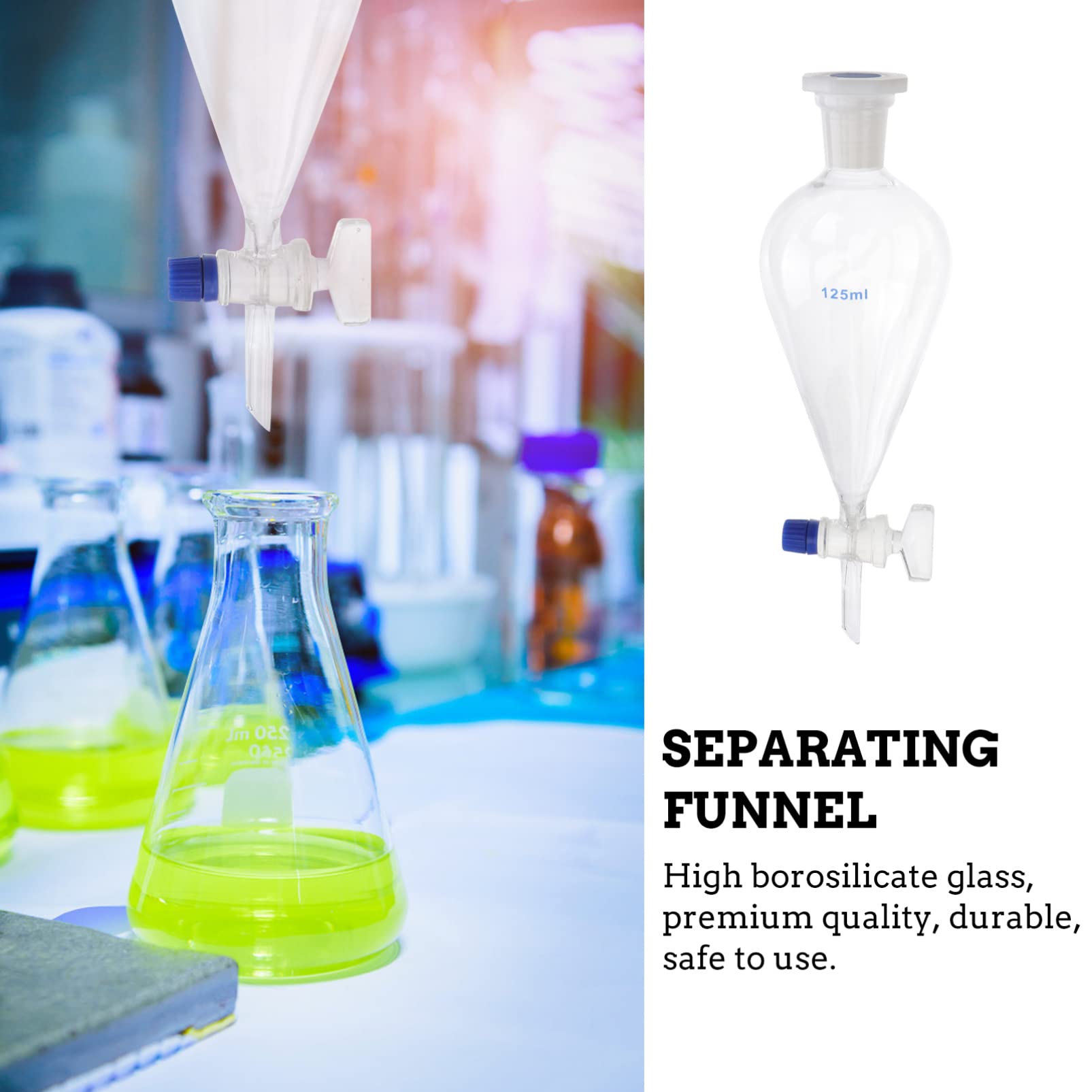 Borosilicate Glass Separatory Funnel 125ml - Heavy Wall Conical Flask Funnel with 24/40 Joints & PTFE Stopcock for Essential Oil Distillation, Lab Chemistry Experiments, and Liquid Separation