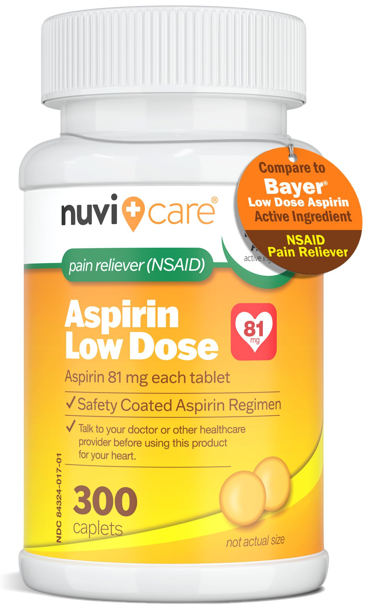 Low Dose Aspirin 81mg Coated Caplets for Adults - 300 Count | Compare to Bayer Aspirin | Heart Health Support & Daily Wellness | Perfect for Cardiovascular Care & Pain Relief
