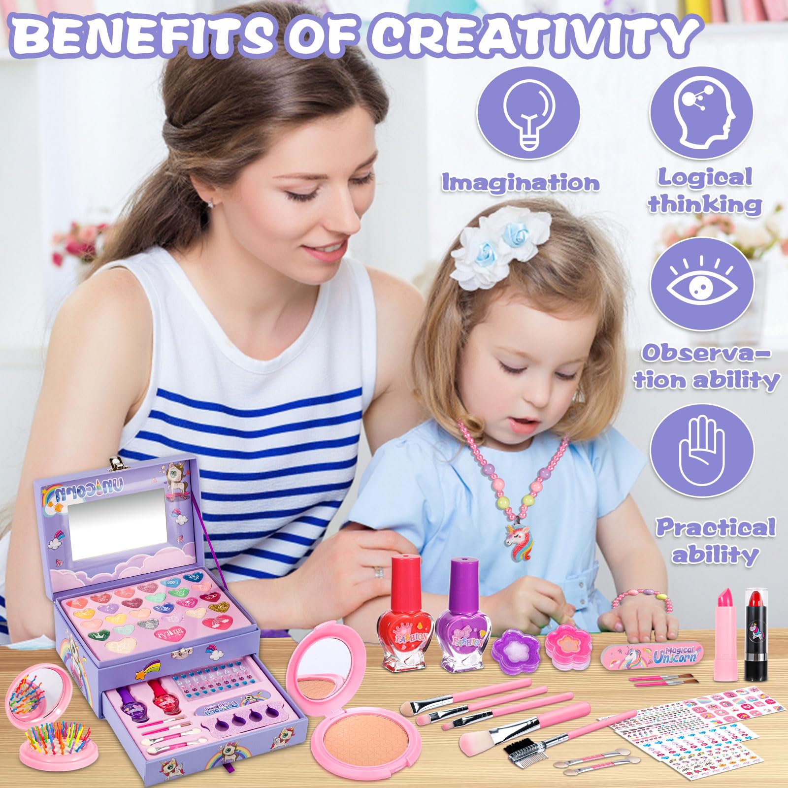 PurpleDi 59-Piece Washable Kids Makeup Kit - Princess Gift for Girls 3-10 Years, Birthday Toy & Playtime Fun
