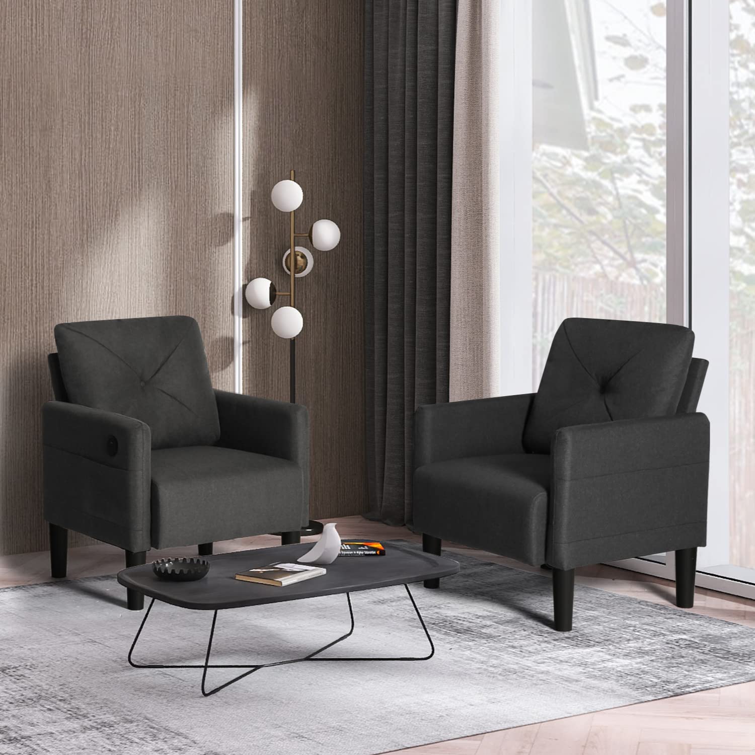 YIGOBUY 2-Piece Linen Fabric Accent Chair Set with USB Charging Ports - Comfy Armchair for Living Room, Bedroom, Office & Reading - Modern Single Sofa Chair for Home Decor & Relaxation - Perfect for Small Spaces, Apartments & Cozy Corners