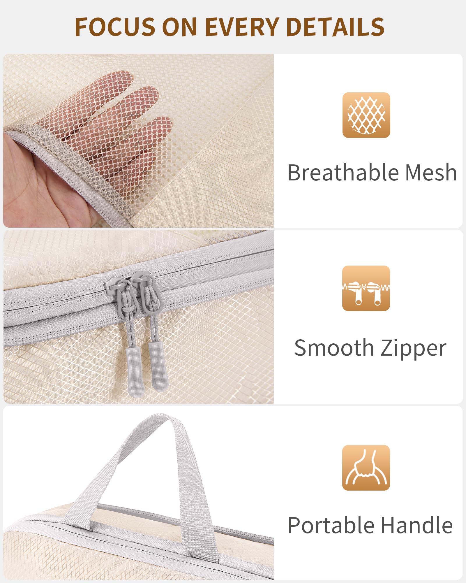 8-Piece Compression Packing Cubes Set - Travel Organizer Bags with Toiletries & Shoe Bag | Space-Saving Luggage Organizer for Suitcases | Perfect for Business Trips, Vacations & Weekend Getaways (Beige)