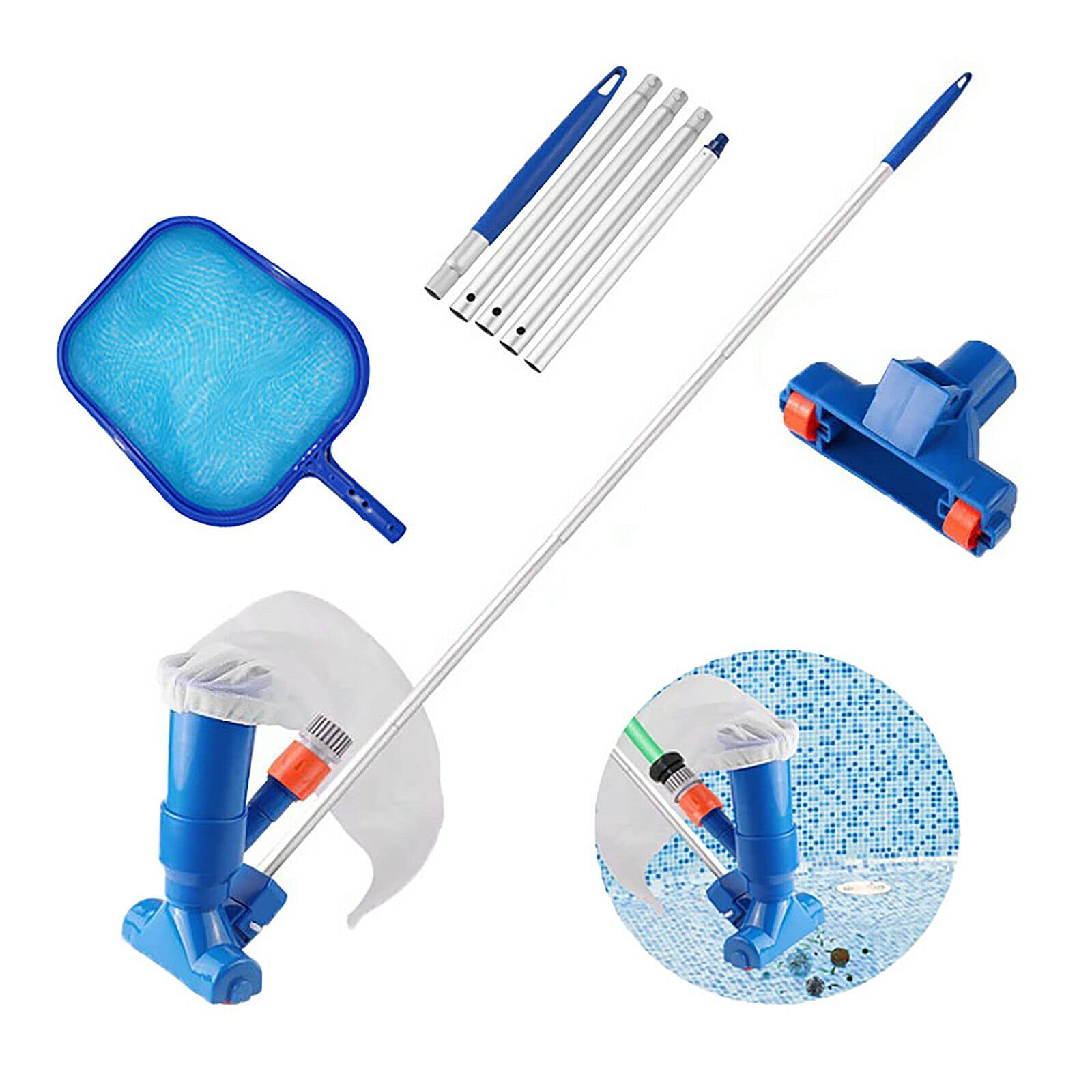 BIXUYAO Portable Pool Vacuum Cleaner Kit with Mesh Bag & 5-Section Pole - Above Ground Pool, Spa, Pond, Fountain Cleaning Tool | Perfect for Swimming Pool Maintenance, Water Feature Cleaning & Backyard Oasis Care
