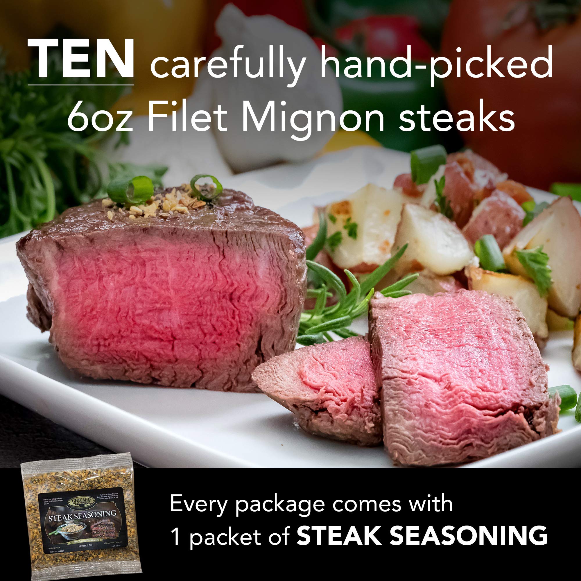 Premium Wet-Aged Filet Mignon Steak Gift Box - 10 (6 oz) USDA Prime Beef Filets with Steak Seasoning | Perfect for Grilling, Dinner Parties & Gourmet Gifts