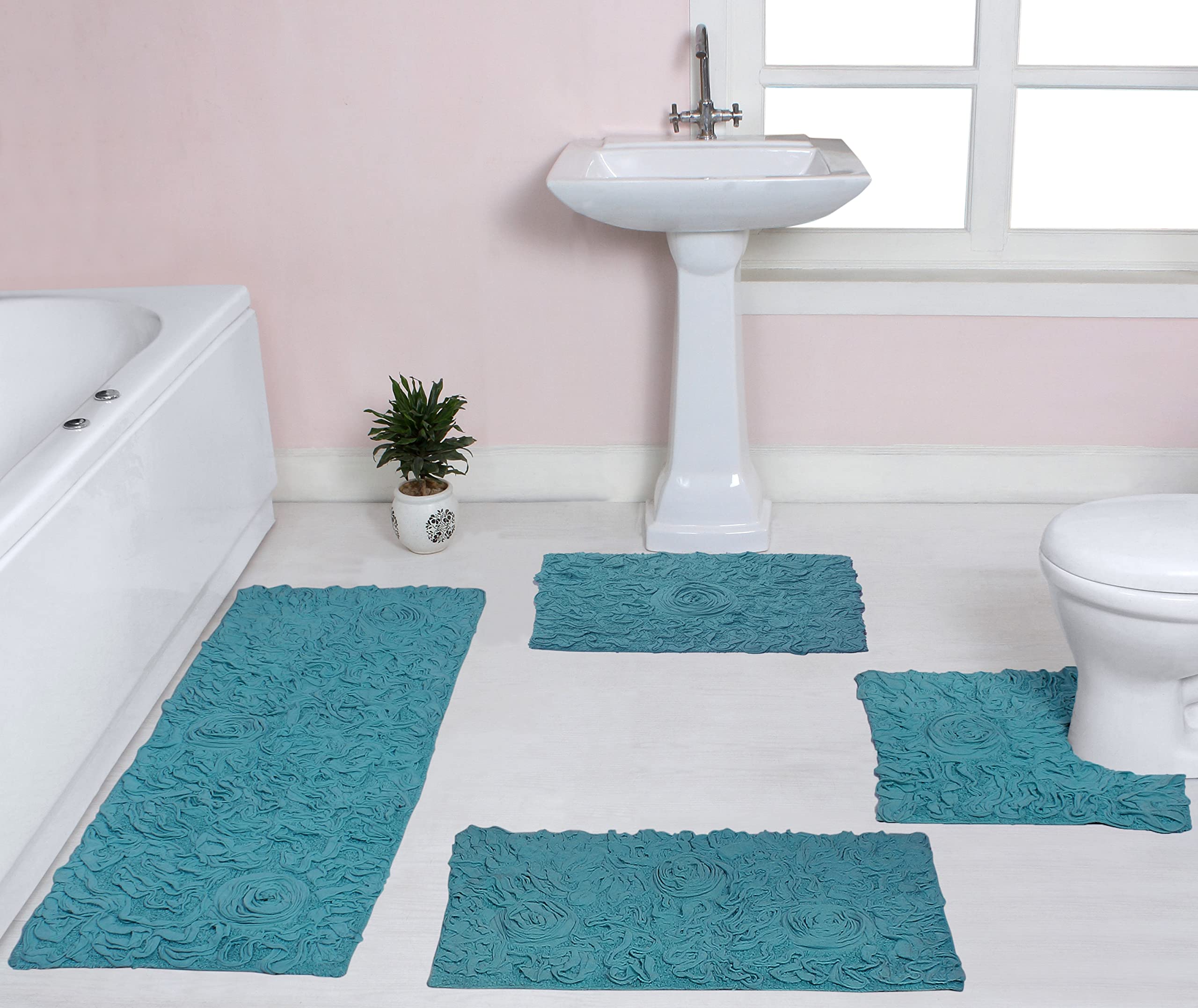 Home Weavers Bell Flower Collection 100% Cotton Tufted Bath Rugs - Ultra Soft & Absorbent Non-Slip Bathroom Mats, Machine Washable 4-Piece Set with Contour in Blue - Perfect for Bathroom, Spa & Master Suite Decor