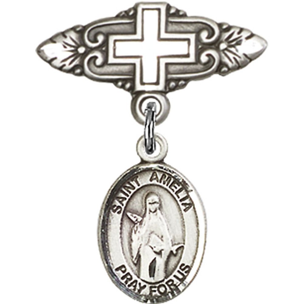 St. Amelia Sterling Silver Baby Badge with Cross Charm & Pin - 1 X 3/4 Inch - Perfect for Christening Gifts, Baby Blessings & Religious Keepsakes