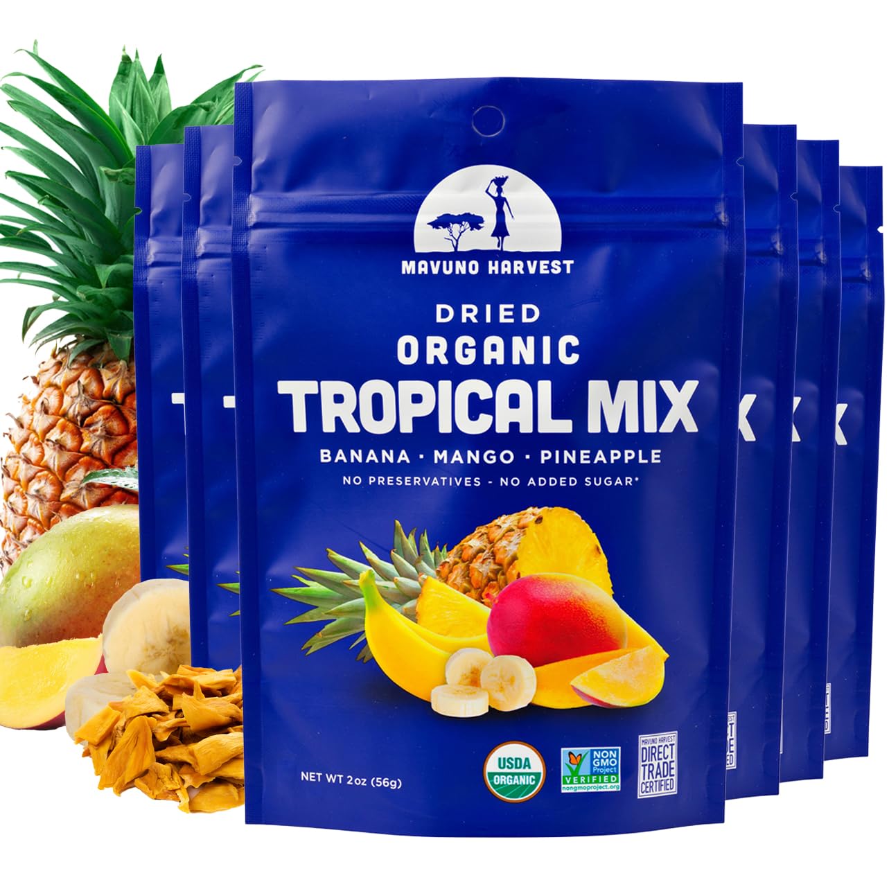 Mavuno Harvest Tropical Mix Dried Fruit Snack | Unsweetened Organic Mixed Dried Fruit | Gluten Free Healthy Snacks for Kids and Adults | No Sugar Added, Vegan, Non GMO | 2 Ounce, Pack of 6 | Perfect for Lunchboxes, Hiking, Office Snacks & Healthy On-the-Go Treats