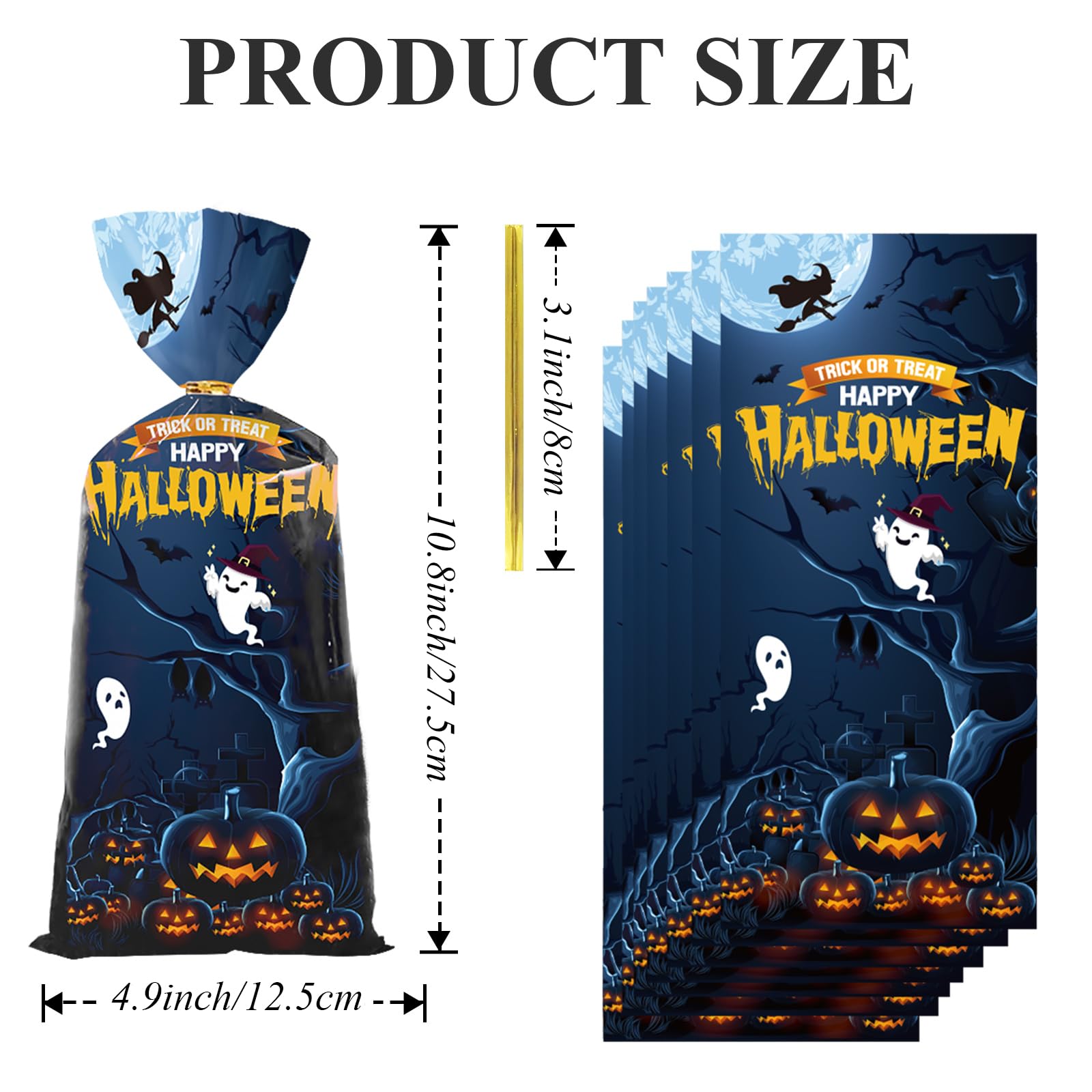 Artby7 Halloween Treat Bags - 50 Pack Scary Design Cellophane Goodie Bags for Trick or Treat, Party Favors & Candy Storage | Pumpkin, Witch & Ghost Themed | Perfect for Halloween Parties, Classroom Treats & Spooky Decorations
