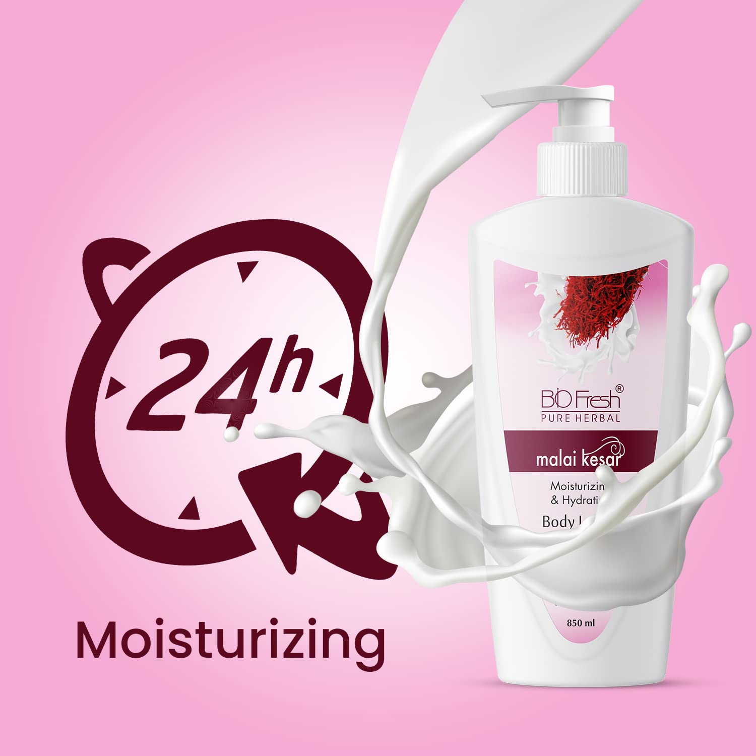 BIOFRESH HERBALS Body Lotion - Malai Kesar 24-Hour Moisturizing Cream for Dry Skin, Lightweight & Non-Greasy Formula with Natural Brightening Extracts (850ml) | Daily Hydration for Soft, Glowing Skin at Home or Travel