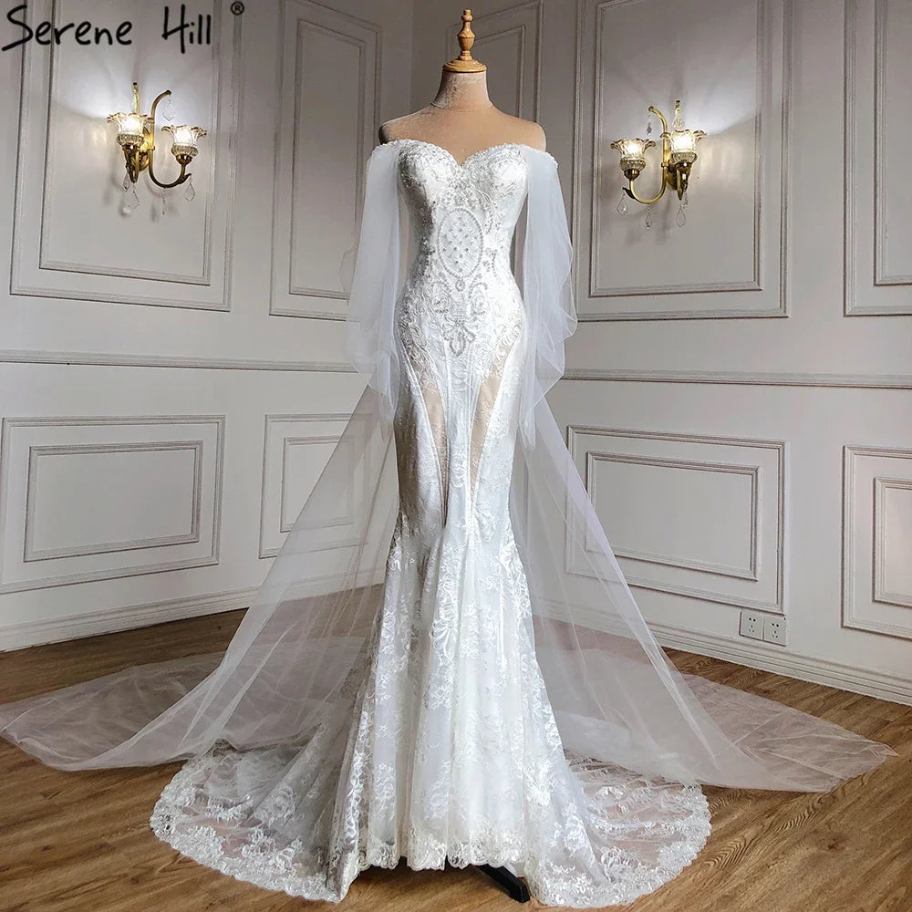 Elegant Off Shoulder Lantern Sleeves Wedding Dress with Crystal Lace - Custom Made Mermaid Bridal Gown for Dubai Weddings & Formal Events | Serene Hill HA2402