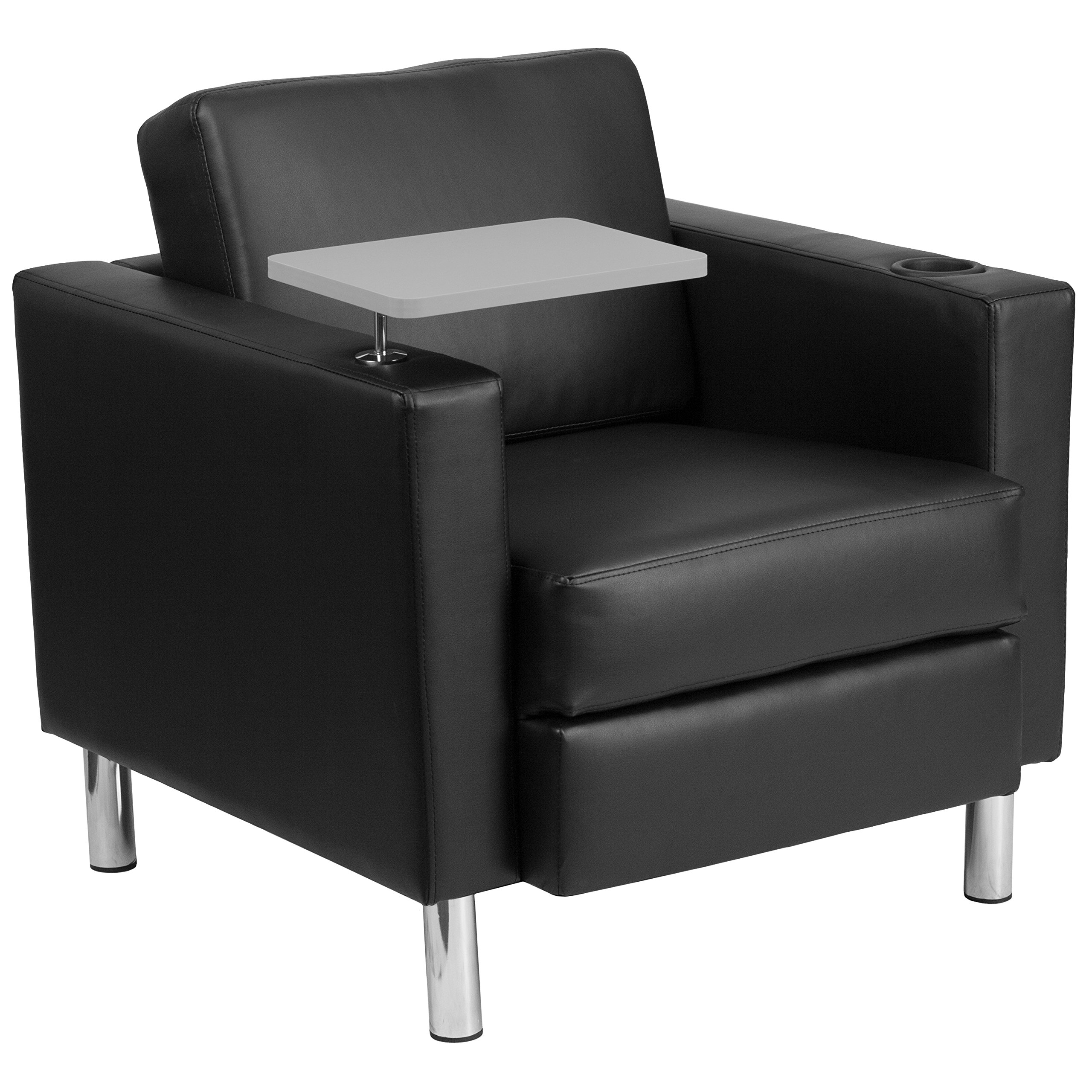 Emma & Oliver Black LeatherSoft Tablet Arm Chair with Tall Chrome Legs & Cup Holder - Ergonomic Office Chair for Home & Workspace, Perfect for Working, Gaming & Relaxing