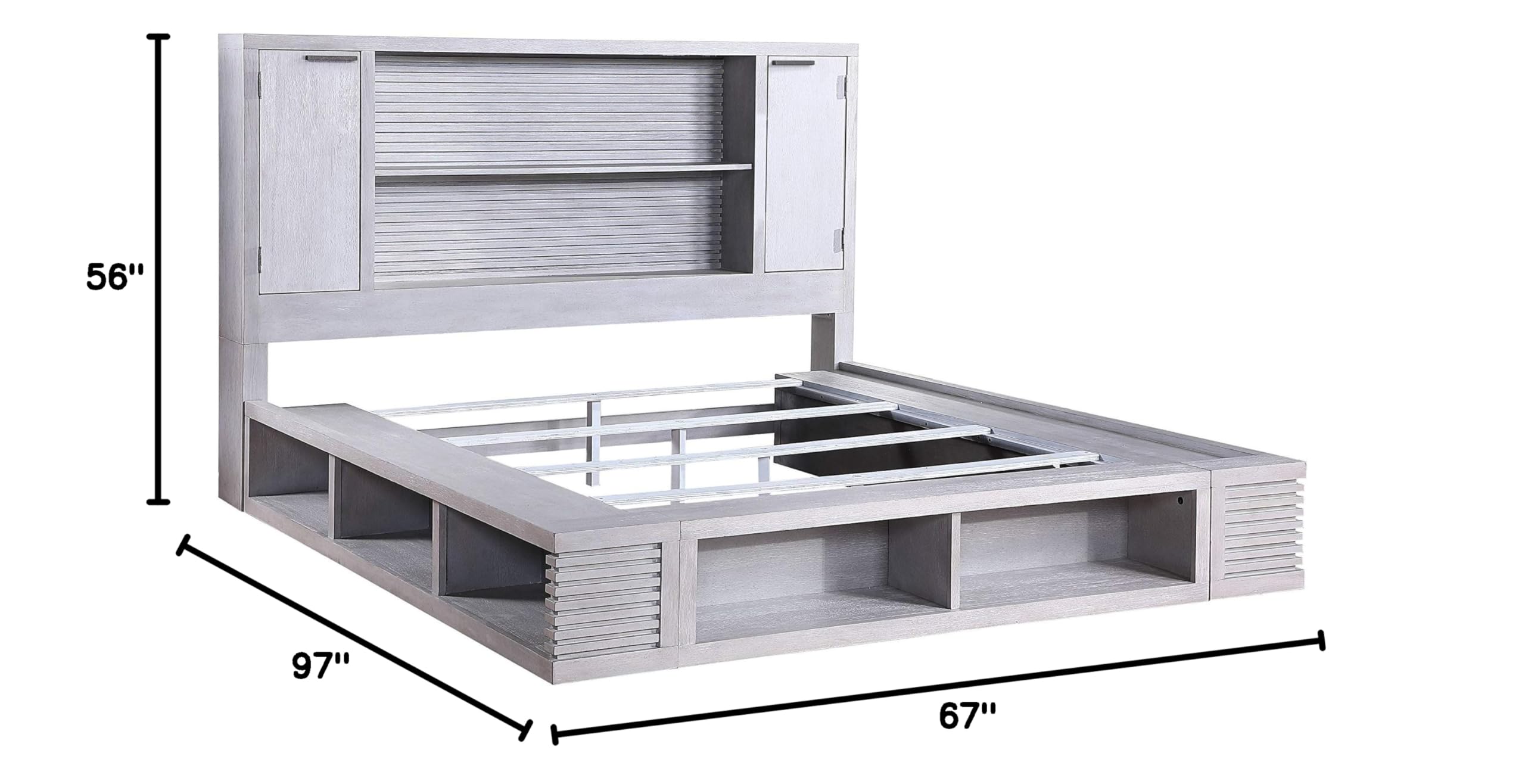 Acme Aromas Queen Size Bed Frame with Built-in Bookcase & Storage - White Oak Finish | Perfect for Small Bedrooms & Studio Apartments
