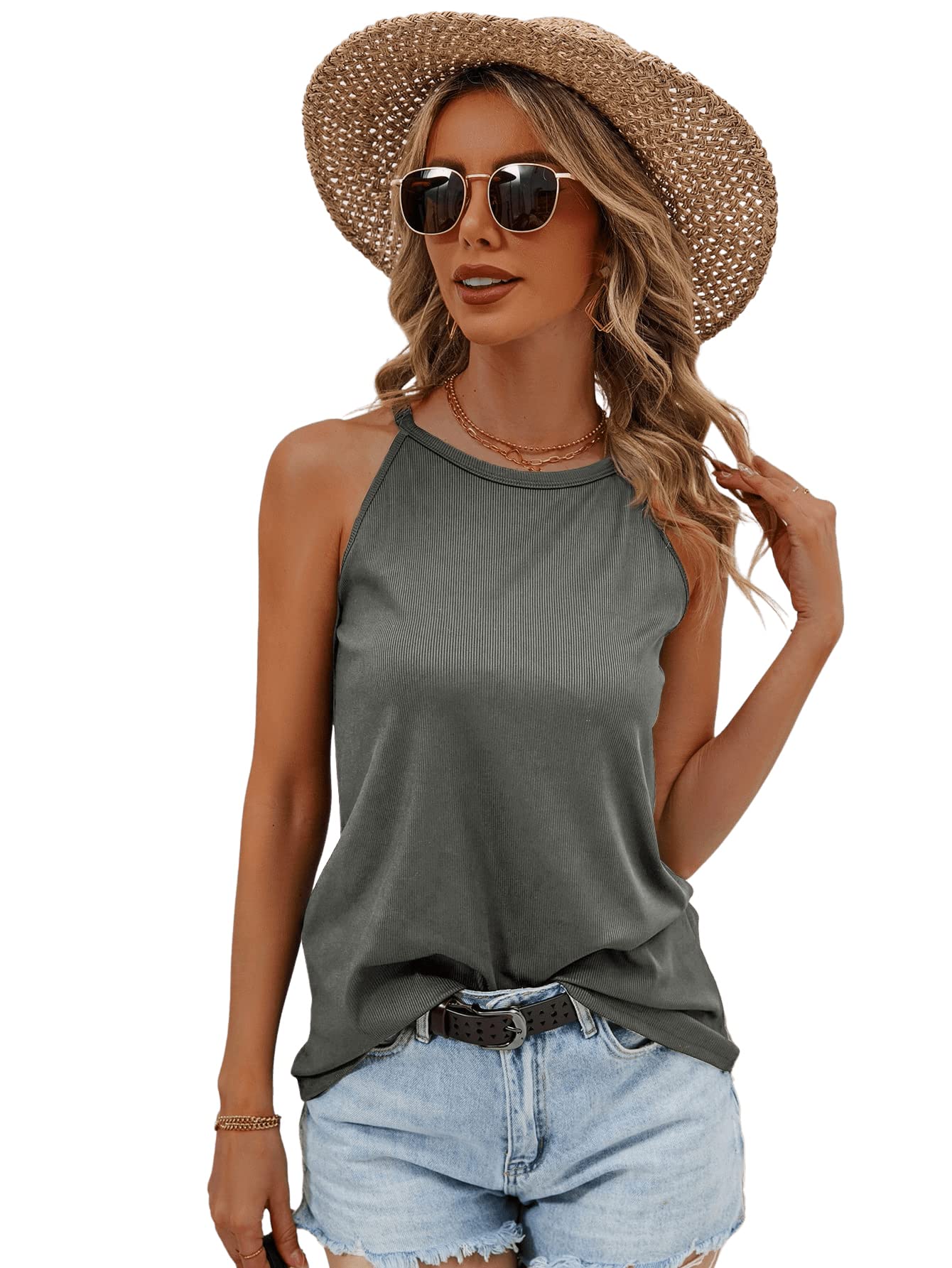SweatyRocks Women's Sleeveless Ribbed Knit Halter Tank Top - Casual Summer Cami Shirt for Beach, Party & Everyday Wear