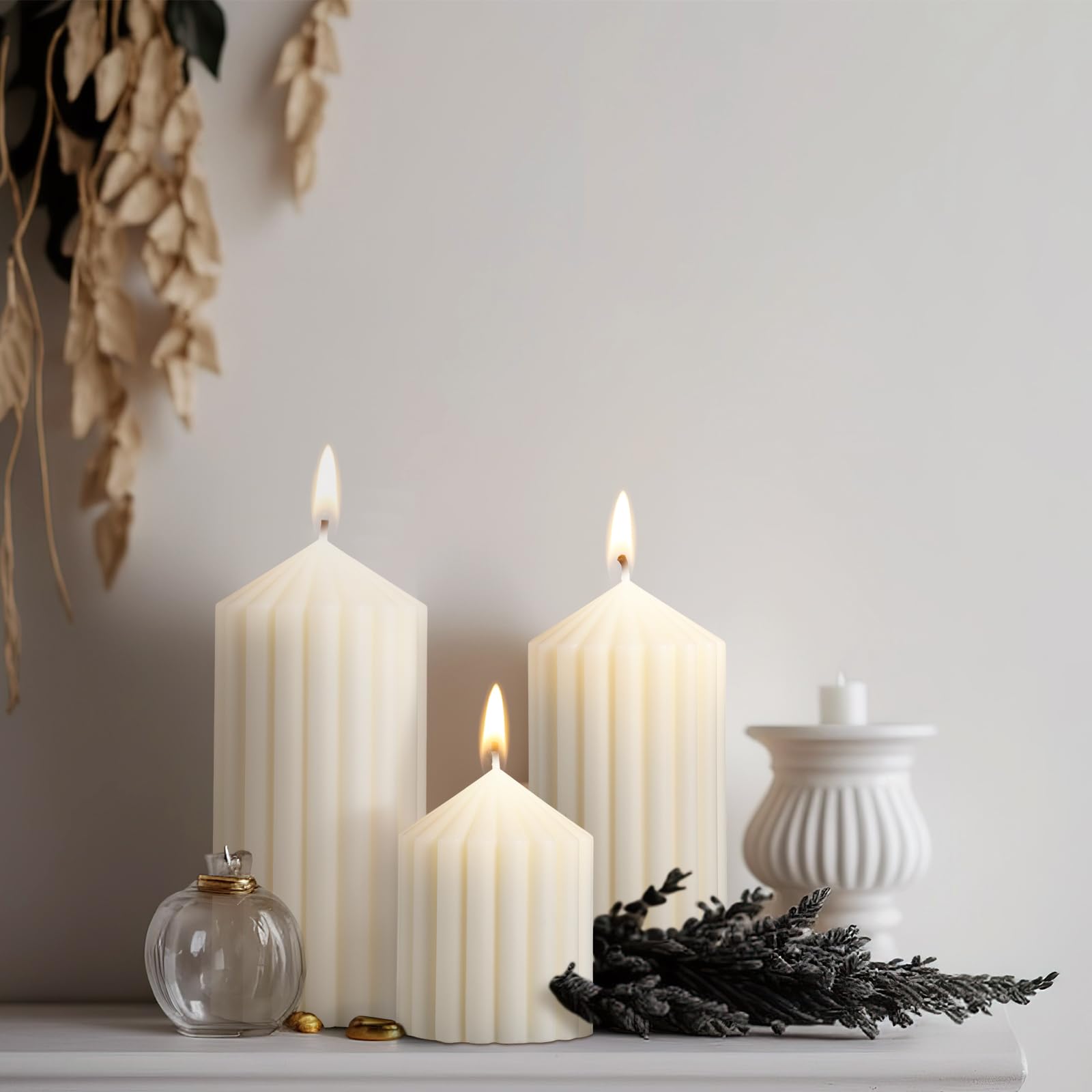 Soy Wax Ribbed Pillar Candles Set of 3 - Home Decor & Gifts