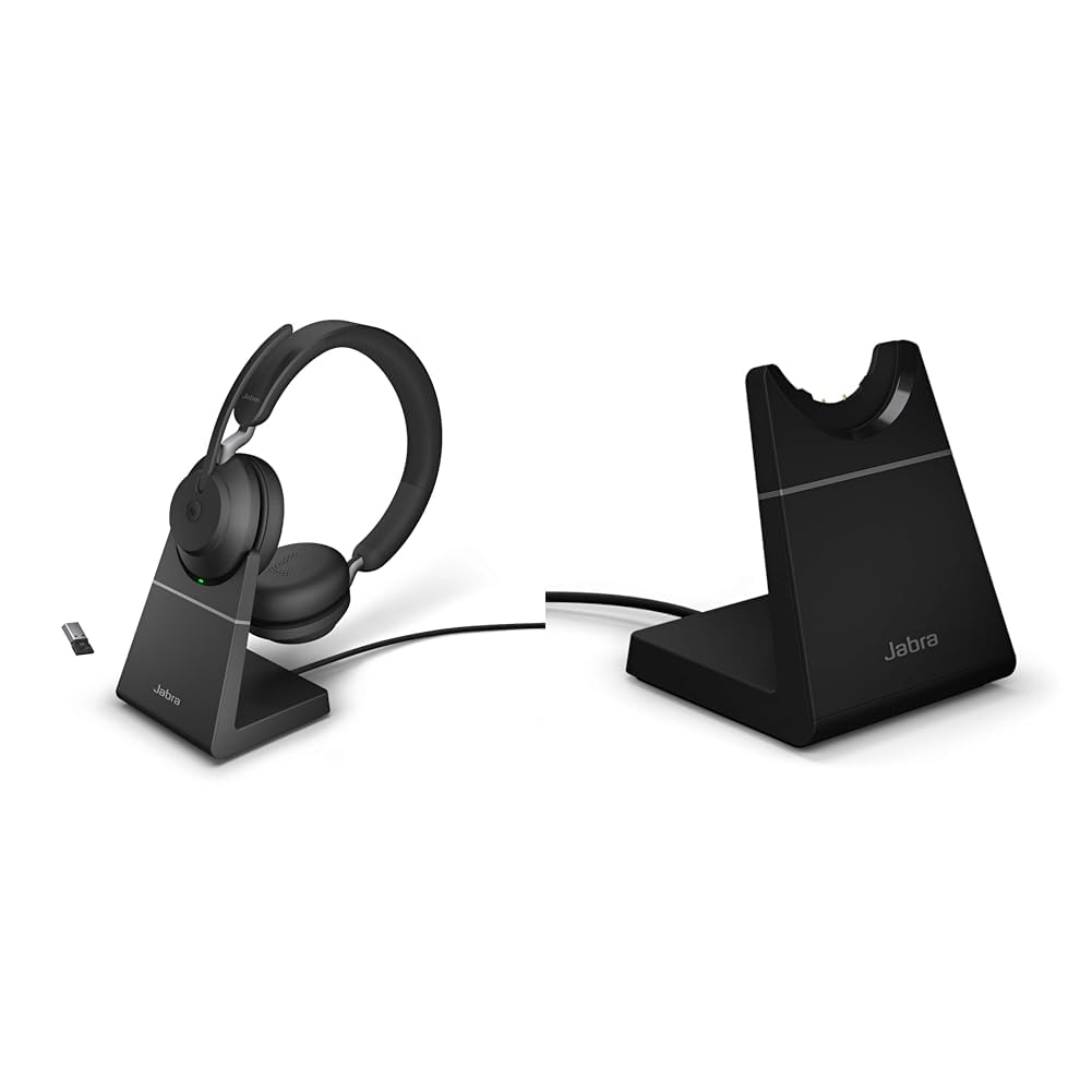 Jabra Evolve2 65 Wireless PC Headset with USB-A Charging Stand & Desk Stand - Noise Cancelling Bluetooth Headset for Office, Call Center & Remote Work (Black)