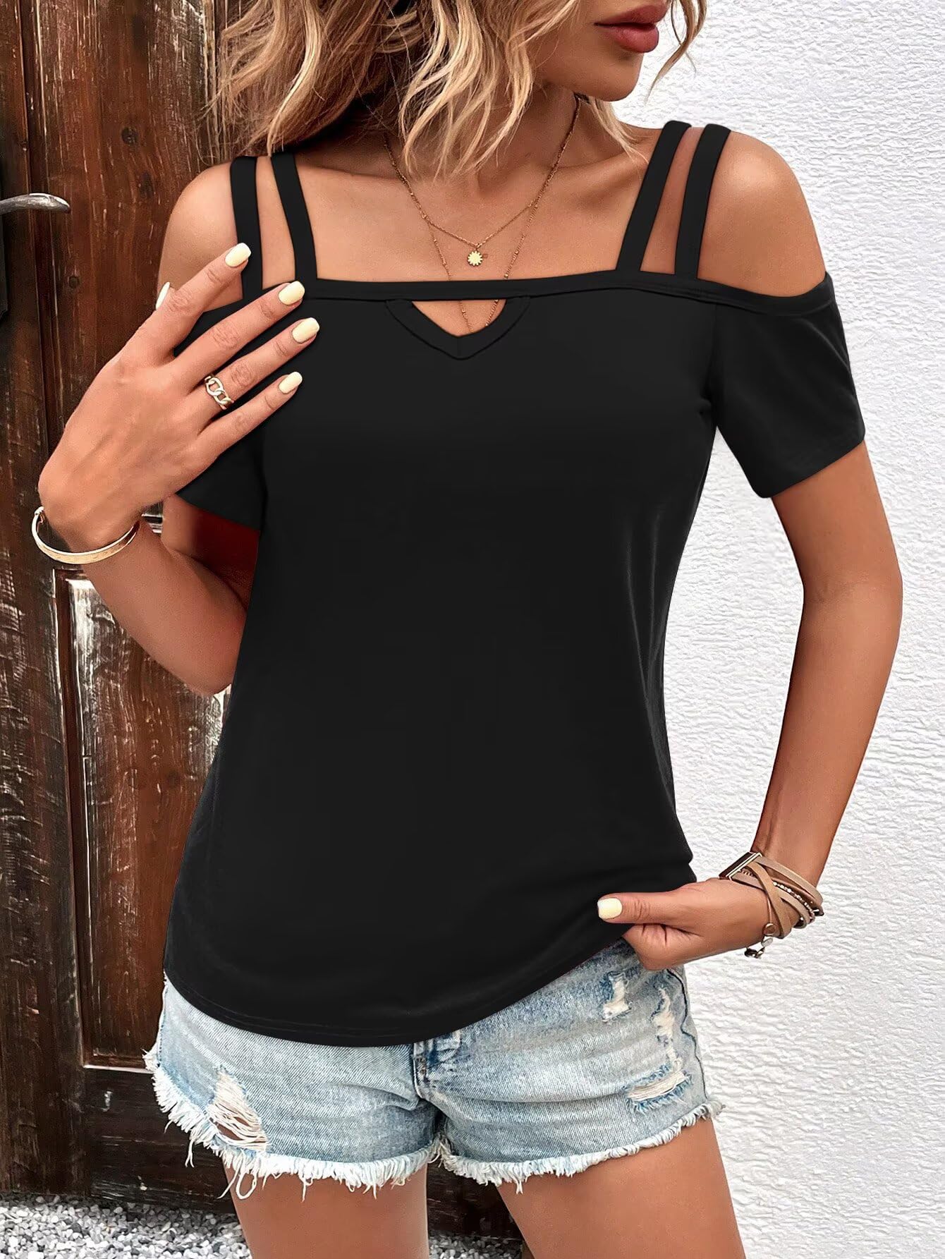 Bliwov Women's Cold Shoulder Tops - Short Sleeve Criss Cross Strappy Summer T-Shirts | Cute & Sexy Blouse for Beach, Spring Outfits & Casual Wear