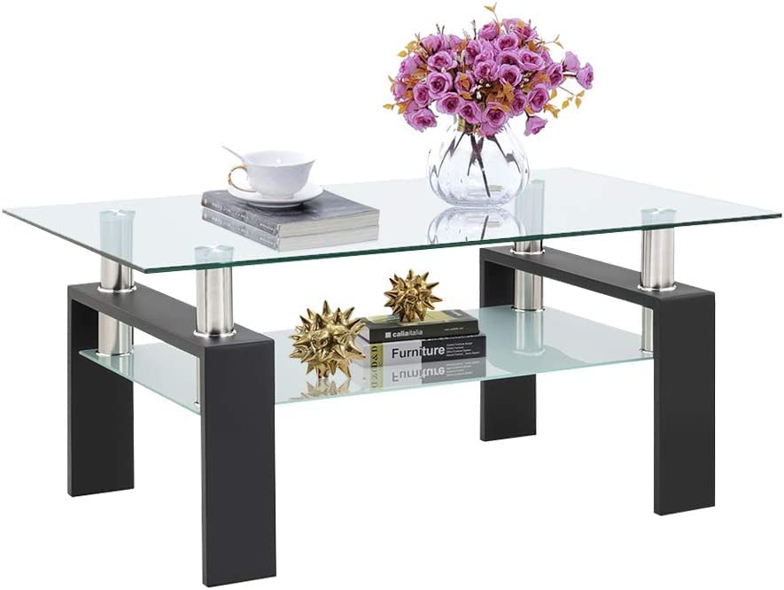 Modern Rectangle Black Glass Coffee Table - Clear Tempered Glass Center Table for Living Room, Sofa & Lounge - Stylish Side Table for Home Decor & Entertainment Areas