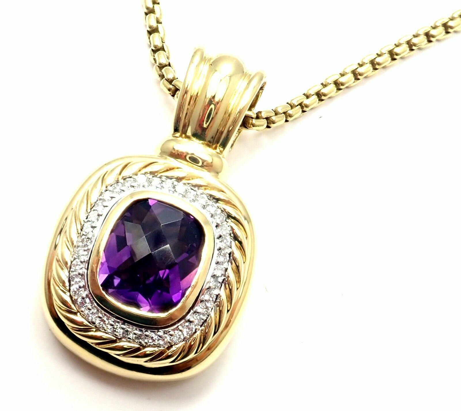 David Yurman 18K Yellow Gold Cable Necklace with Amethyst and Diamonds - Elegant Large Pendant for Women, Perfect for Weddings, Parties & Special Occasions