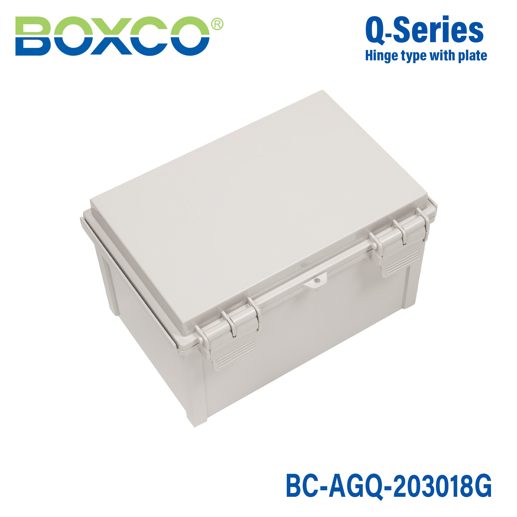 Boxco Q Series 7.87 x 11.81 x 7.09 Inches (200 x 300 x 180mm) Waterproof Plastic Enclosure - IP67 Rated, IK08 Impact Resistant, ABS Material, Grey Hinged Cover with Mounting Plate - Ideal for Outdoor Electrical Equipment, Industrial Control Boxes & DIY Projects